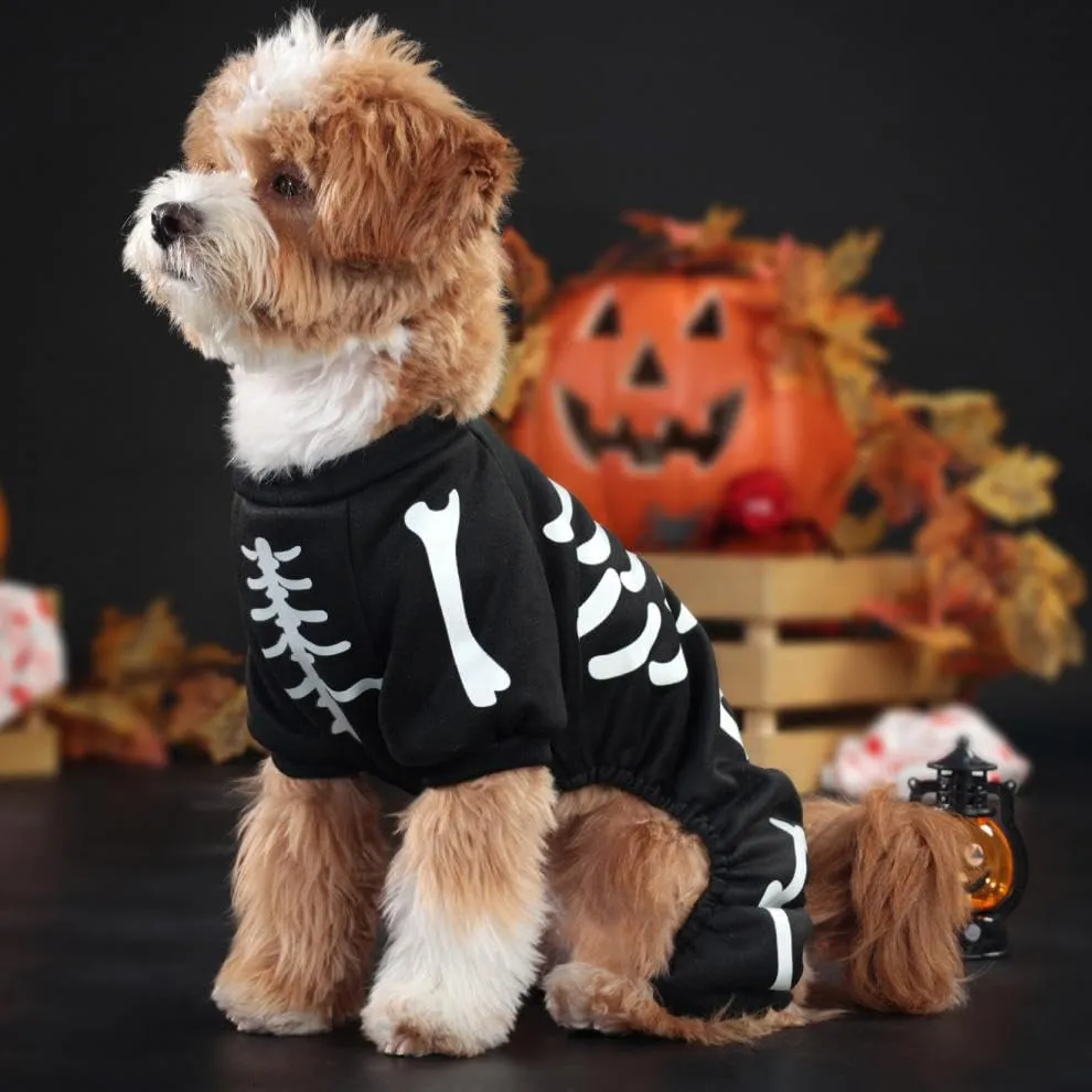 Maigllra Costume da scheletro per cani che si illumina al buio per Halloween, tuta a 4 zampe, per cani di taglia piccola, media e grande, S - immagine 6
