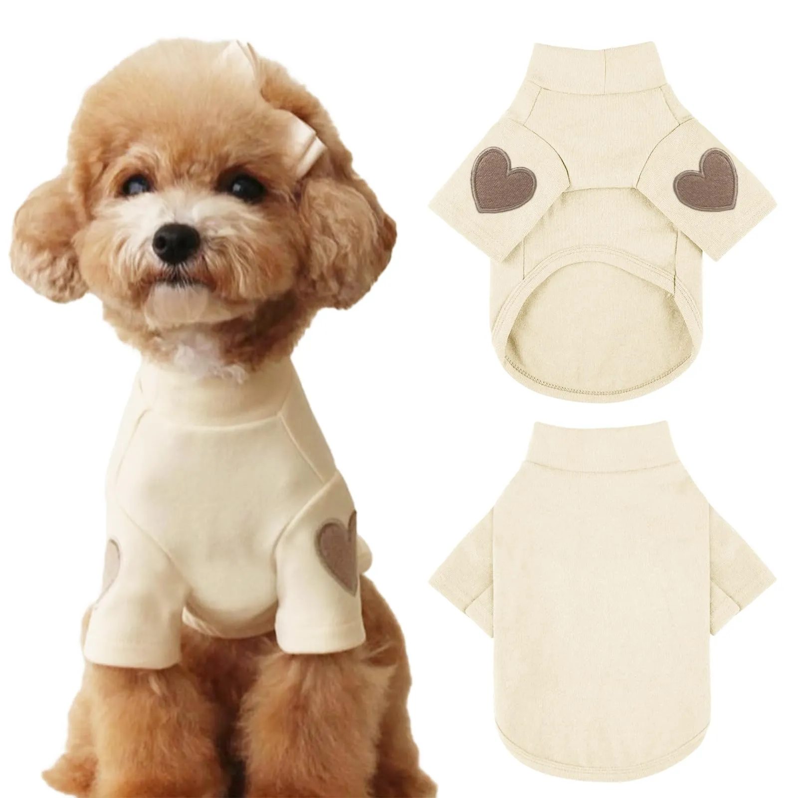Yaopelky Felpa per cani di taglia piccola e media, calda maglietta per animali domestici, con stampa a cuore, per cuccioli di gatto, gattino, chihuahua schnauzer (beige, XS) - immagine 1