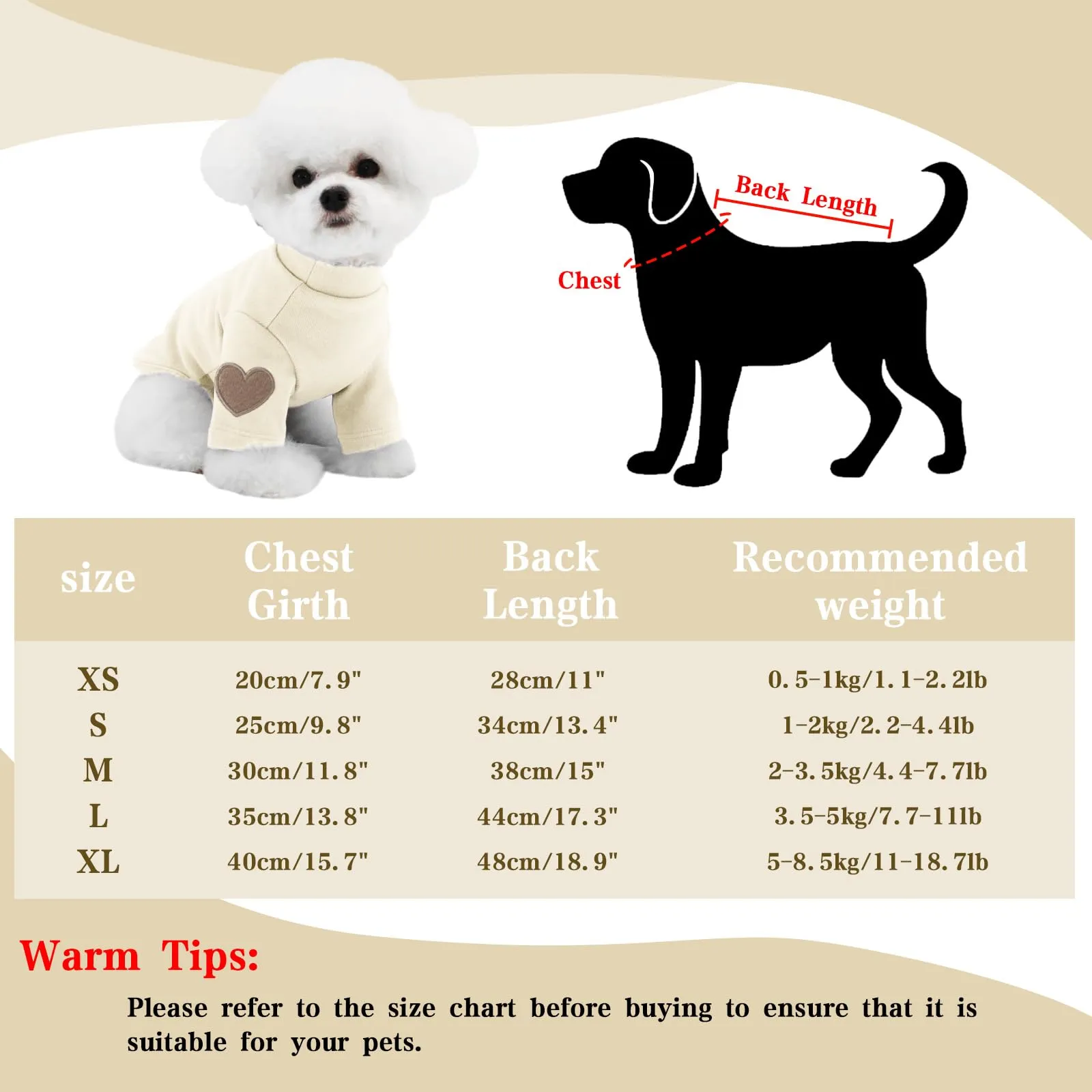 Yaopelky Felpa per cani di taglia piccola e media, calda maglietta per animali domestici, con stampa a cuore, per cuccioli di gatto, gattino, chihuahua schnauzer (beige, XS) - immagine 3