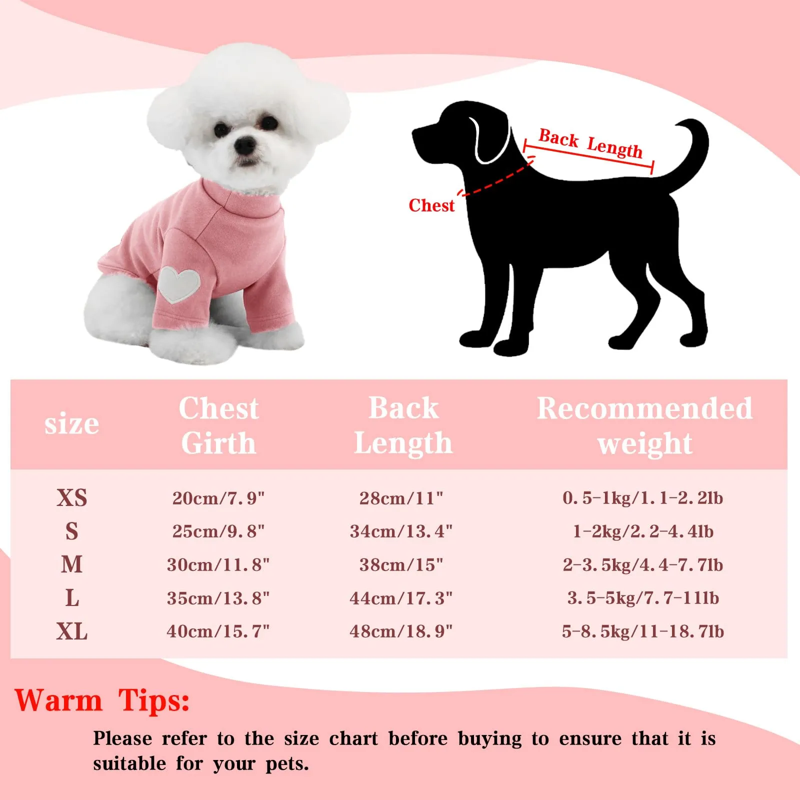 Yaopelky Felpa per cani di taglia piccola e media, calda maglietta per animali domestici, con stampa a cuore, per cuccioli di gatto, gattino, chihuahua schnauzer (rosa, XS) - immagine 3