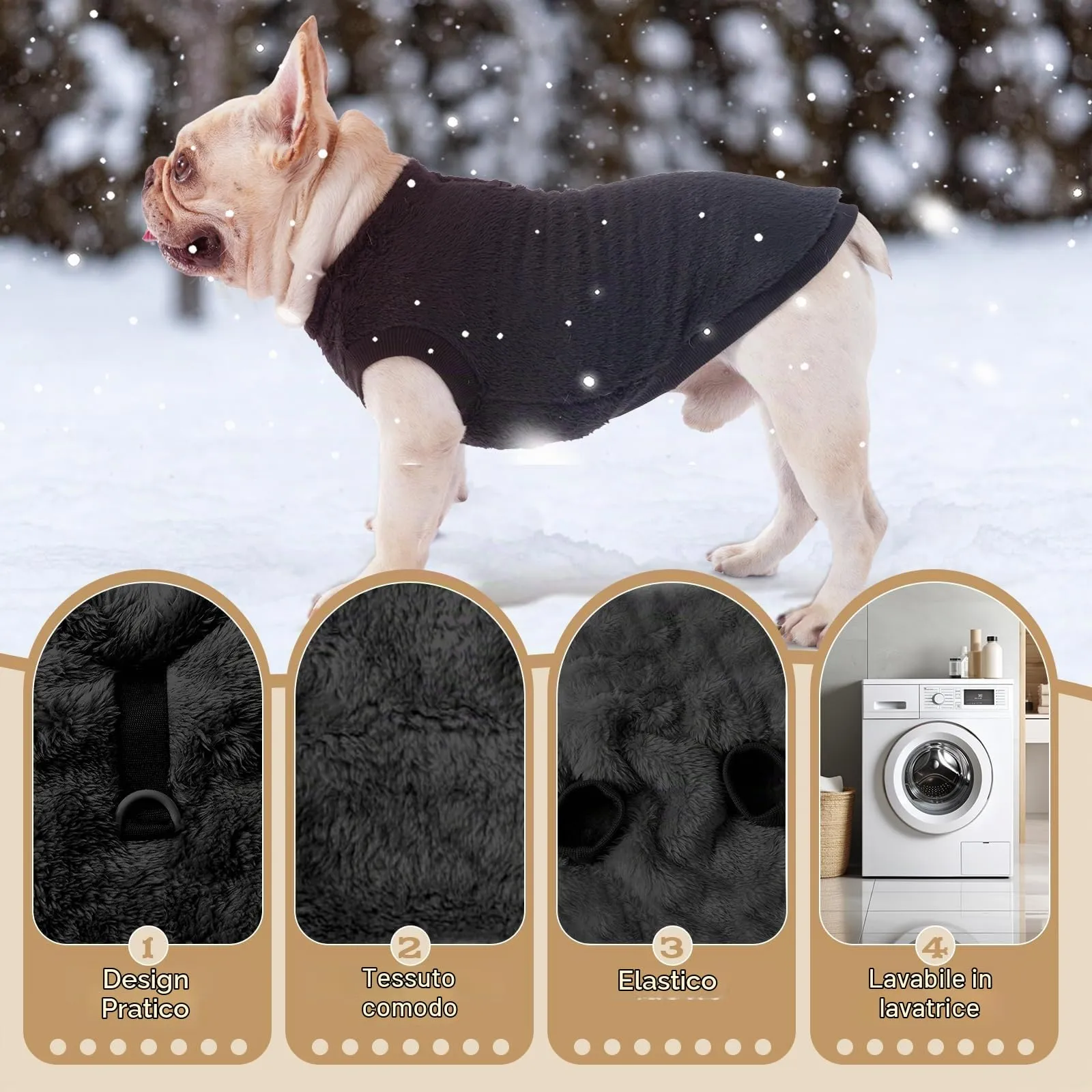 Pullover in pile per cani e gatti Cappotto invernale D-anello per piccolo e medio Abbigliamento per animali domestici (nero, S) - immagine 3