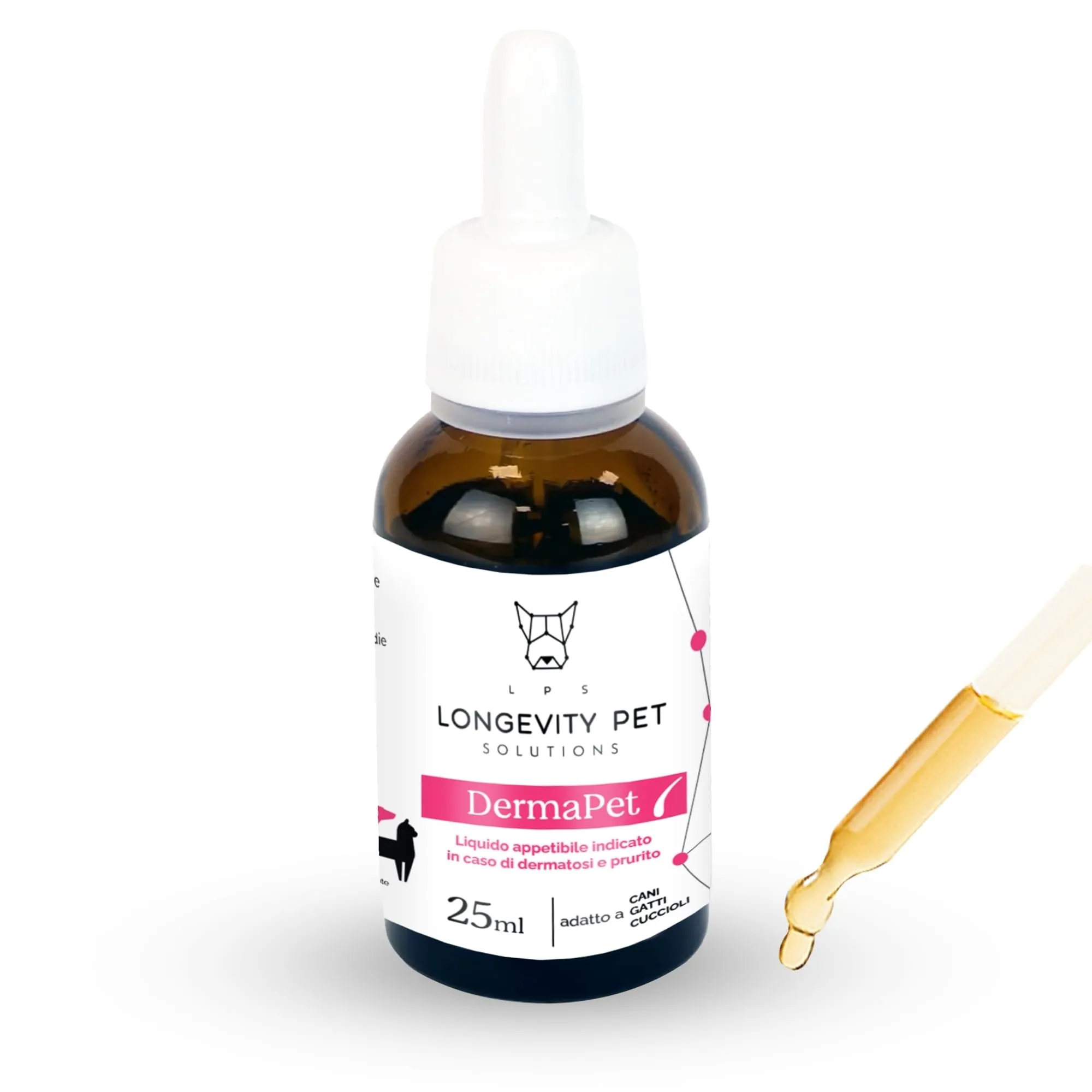 DermaPet Integratore Dermatite per Cute Cani e Gatti | Lenitivo Anti Rossore Naturale con Olio di Ribes | Prurito Cane e Gatto | 25ml | Integratori Olio contro Dermatiti Made in Italy | Longevity Pet - immagine 1