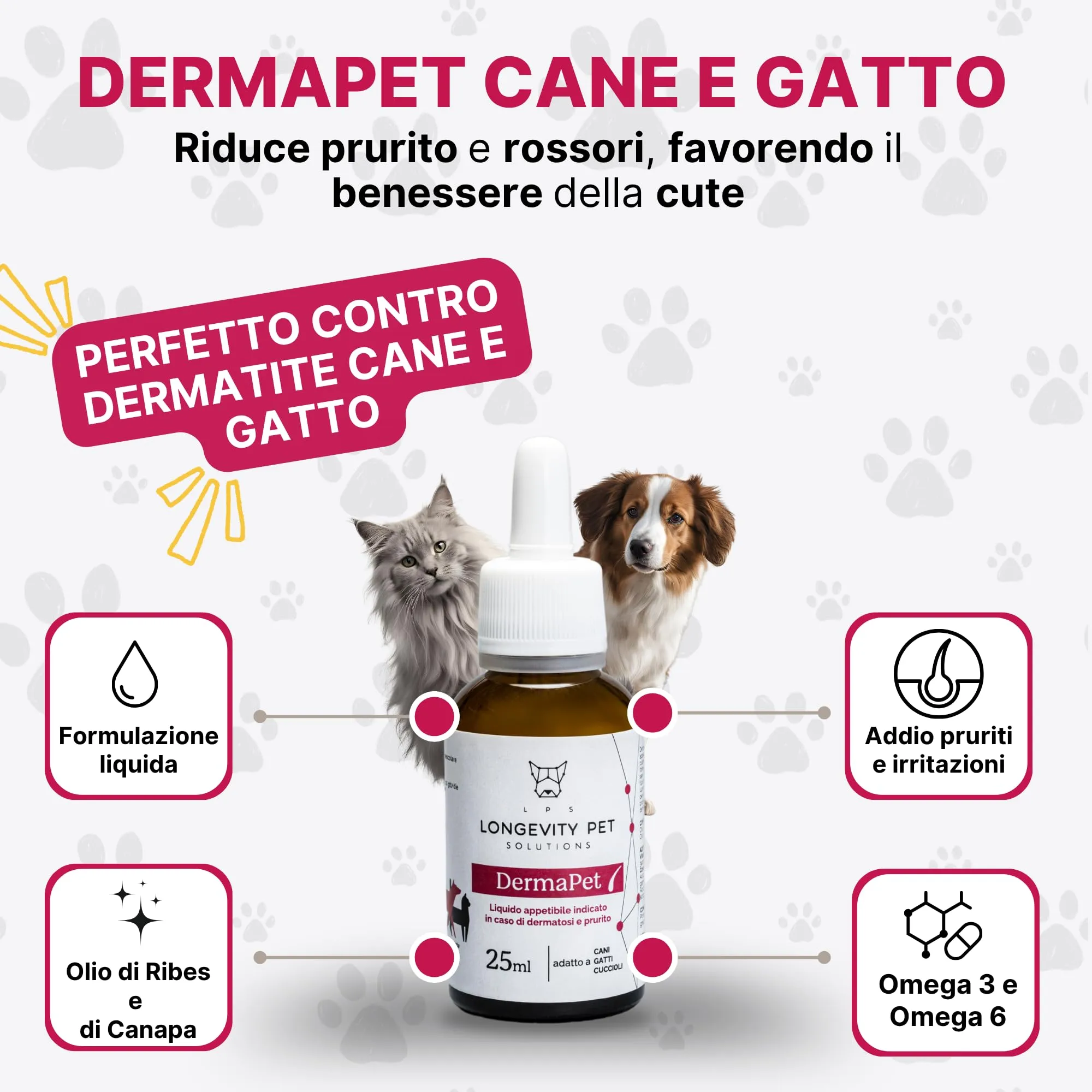 DermaPet Integratore Dermatite per Cute Cani e Gatti | Lenitivo Anti Rossore Naturale con Olio di Ribes | Prurito Cane e Gatto | 25ml | Integratori Olio contro Dermatiti Made in Italy | Longevity Pet - immagine 2