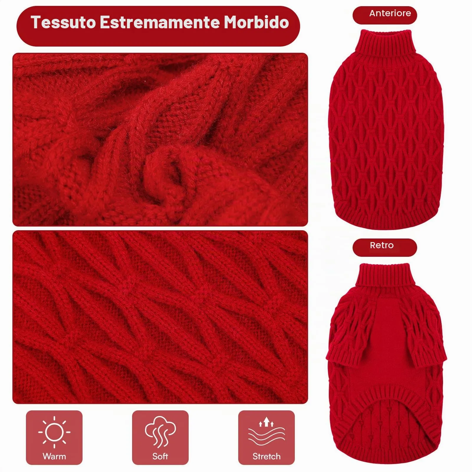Queenmore Maglioni Natalizi per Cani, Morbida e Calda, Maglione Cane per Razze Medie come Cane Corso Jack Russell e Bassotto, Rosso, M - immagine 2