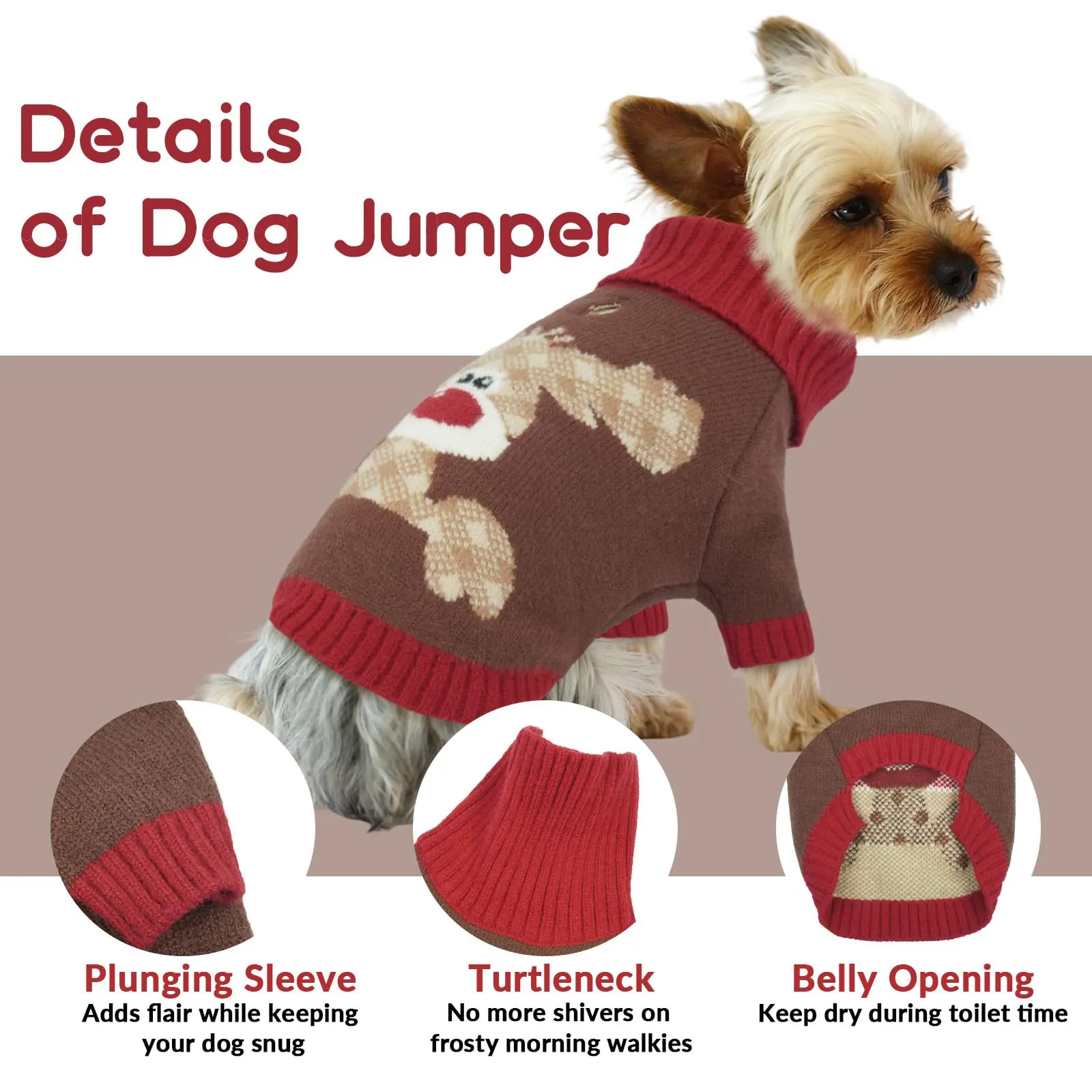 Hjumarayan Maglione Cane Natalizio - Caldo Maglioncino con Renna, foro per guinzaglio, maglioncini per Carlino, Piccolo Bulldog Francese, Schnauzer Nano, Marrone L - immagine 4
