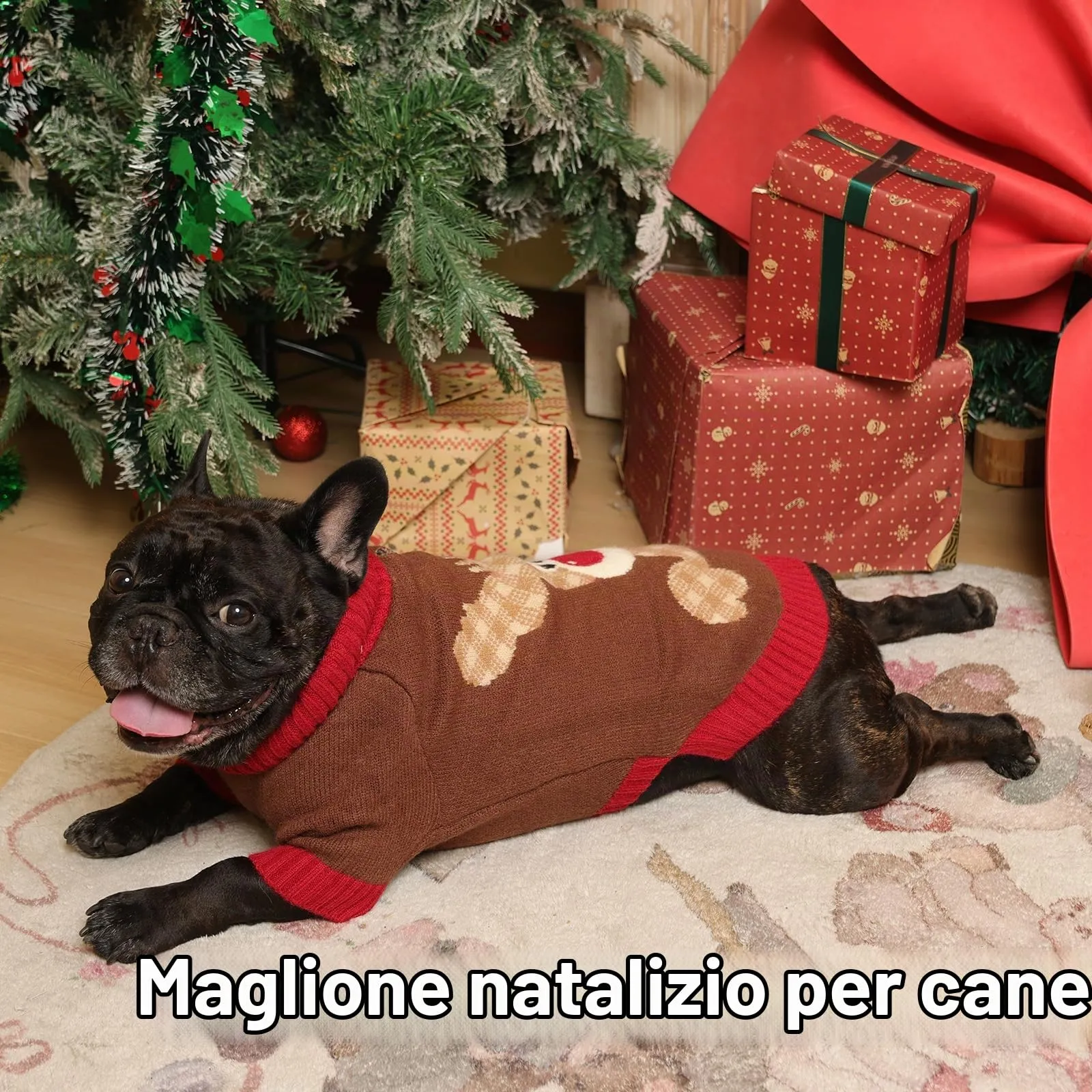 Hjumarayan Maglione Cane Natalizio - Caldo Maglioncino con Renna, foro per guinzaglio, maglioncini per Carlino, Piccolo Bulldog Francese, Schnauzer Nano, Marrone L - immagine 7