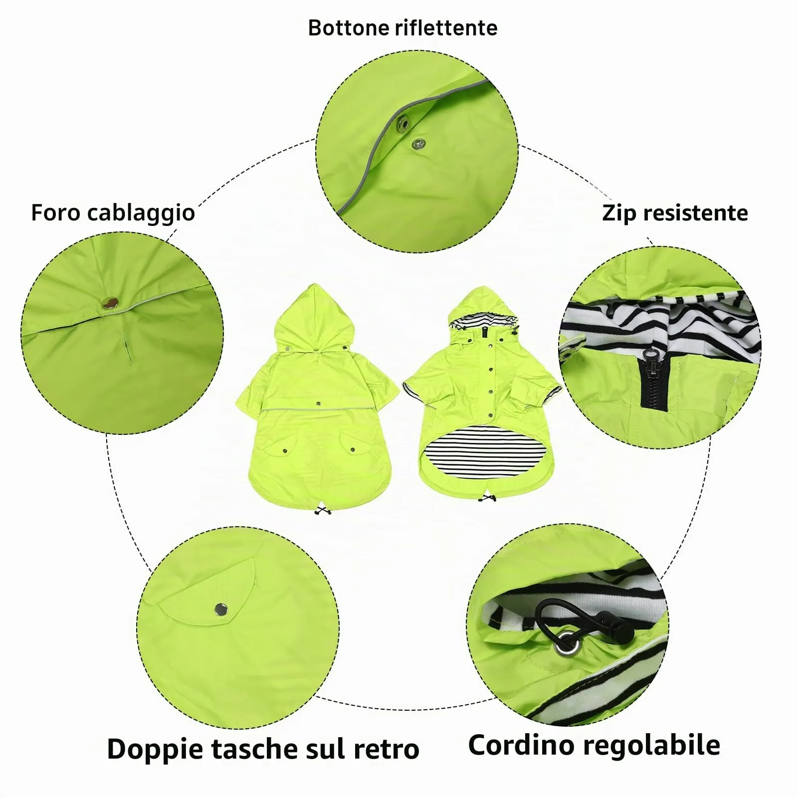 Impermeabile MOREZI per cani, antipioggia, impermeabile, traspirante, con cerniera, coulisse regolabile, cappuccio staccabile, adatto a cani di piccola e media taglia-Verde-S - immagine 3