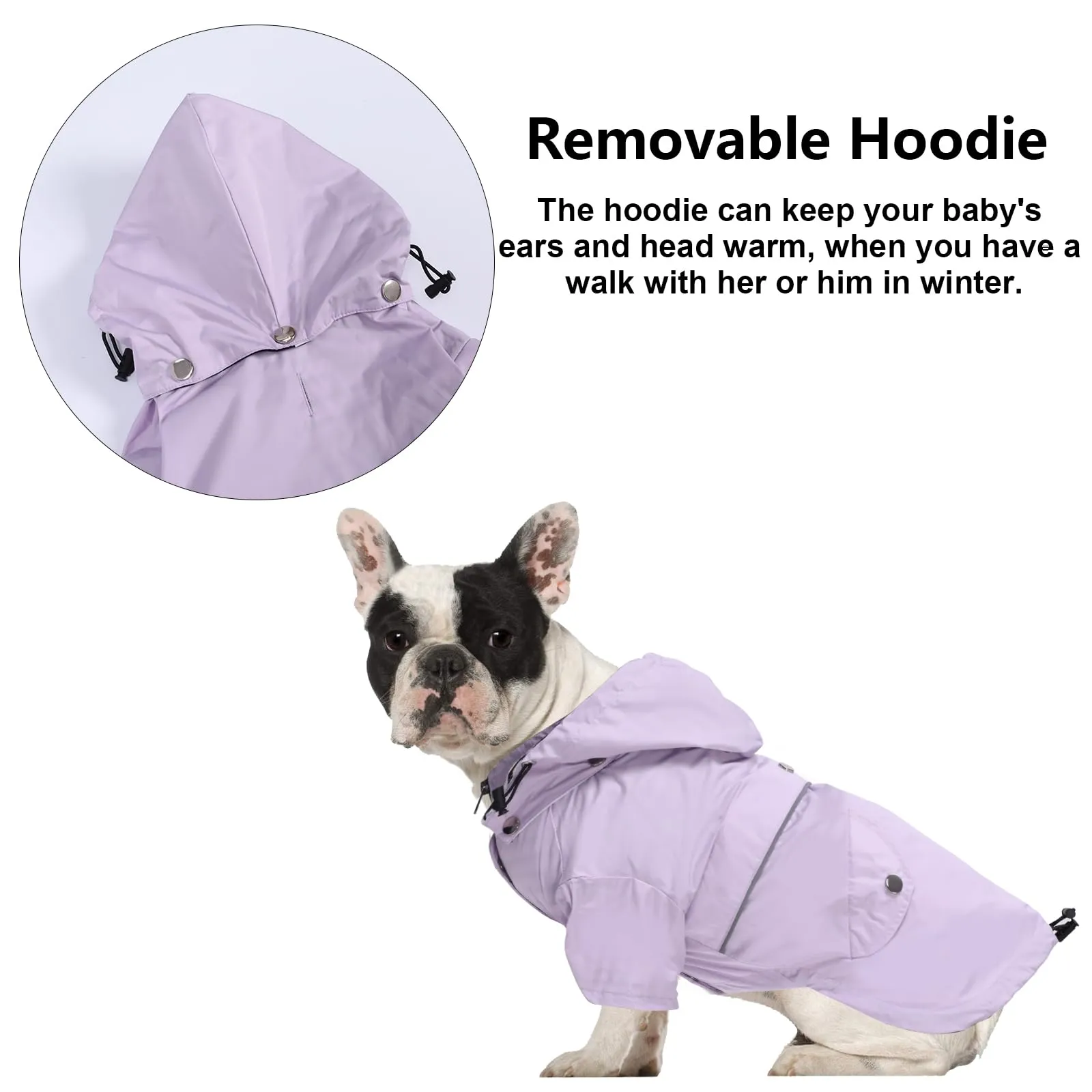 Impermeabile MOREZI per cani, antipioggia, impermeabile, traspirante, con cerniera, coulisse regolabile, cappuccio staccabile, adatto a cani di piccola e media taglia-Viola-M - immagine 5