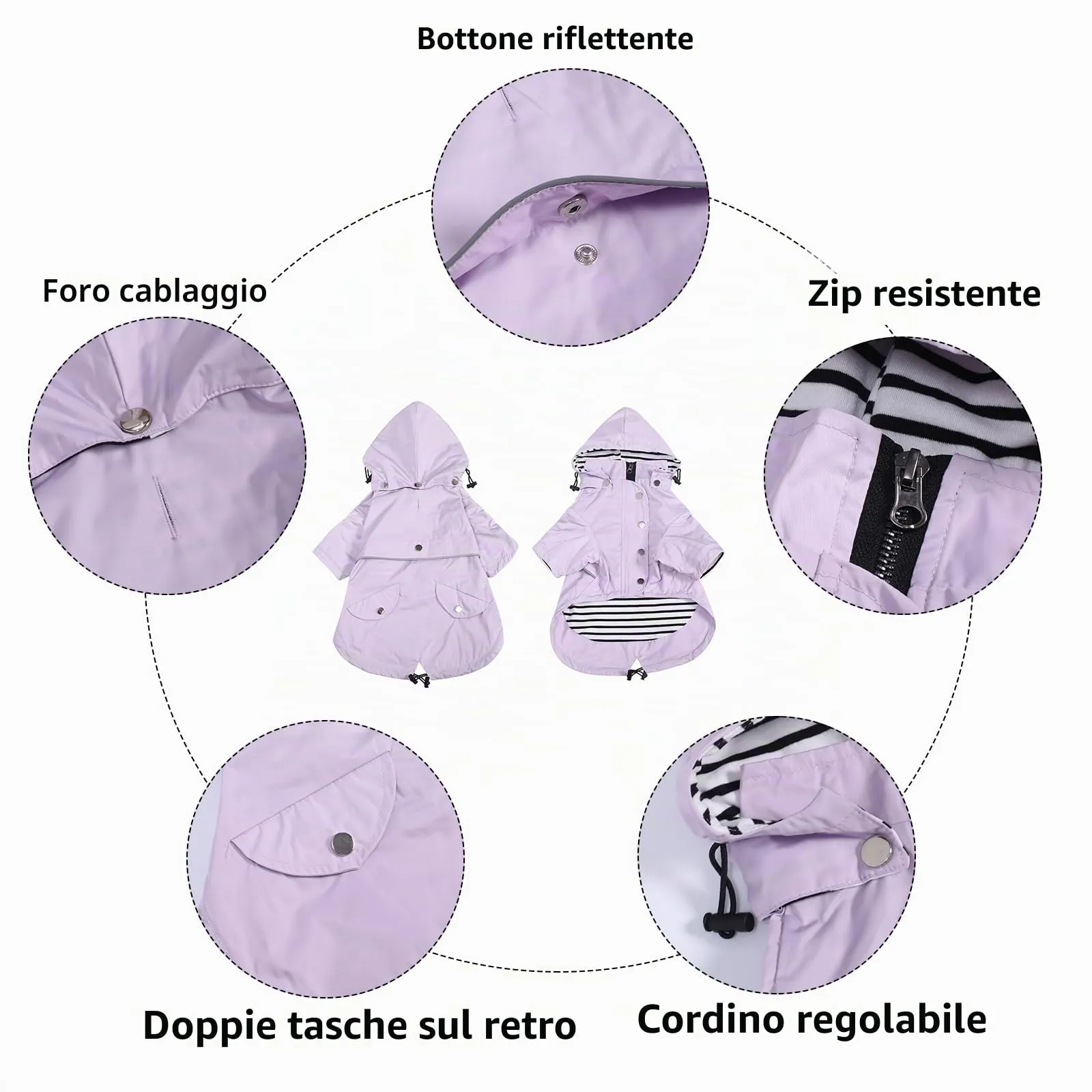 Impermeabile MOREZI per cani, antipioggia, impermeabile, traspirante, con cerniera, coulisse regolabile, cappuccio staccabile, adatto a cani di piccola e media taglia-Viola-XS - immagine 3
