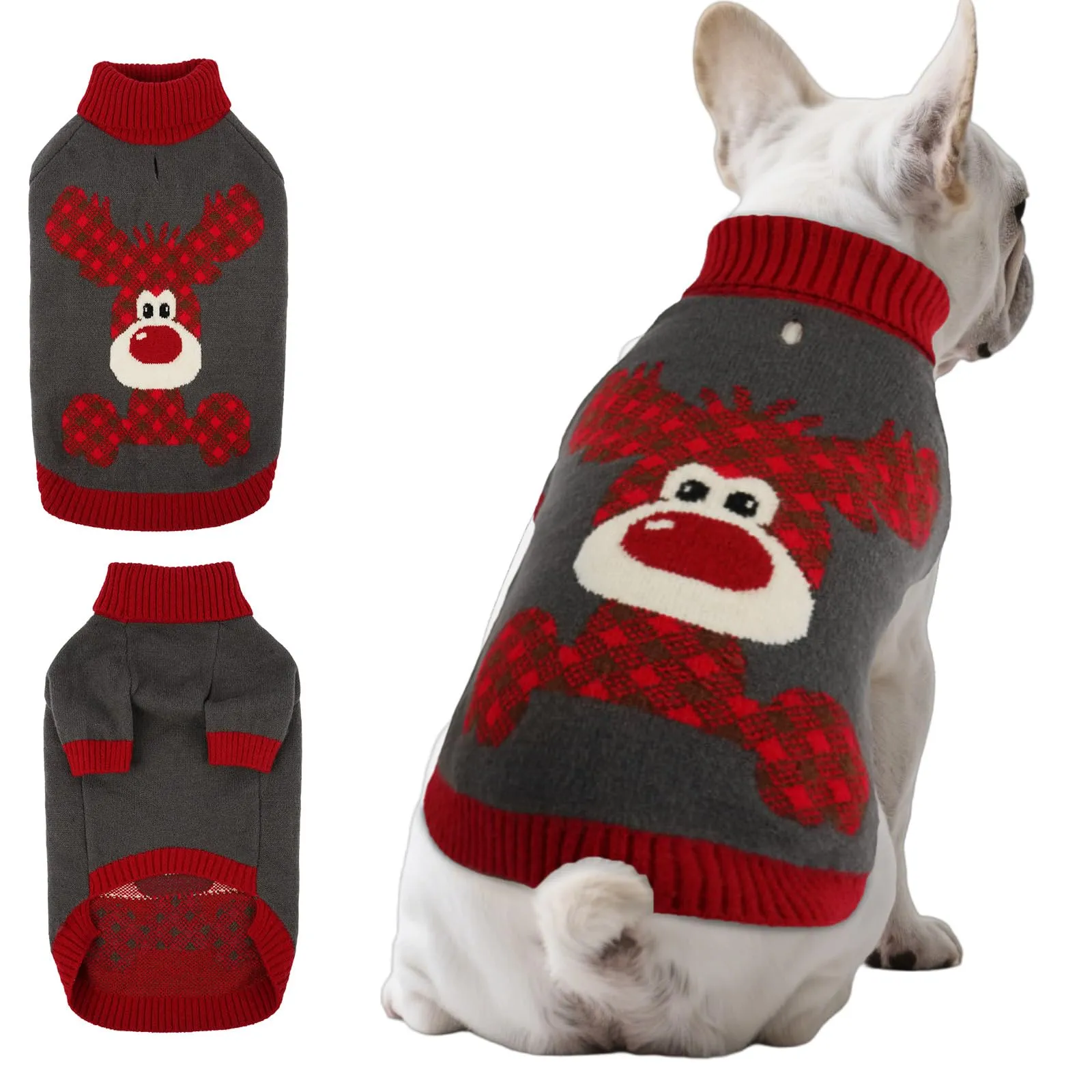 Hjumarayan Maglione Cane Natalizio - Caldo Maglioncino con Renna, foro per guinzaglio, maglioncini per Carlino, Piccolo Bulldog Francese, Schnauzer Nano, Grigio L - immagine 1