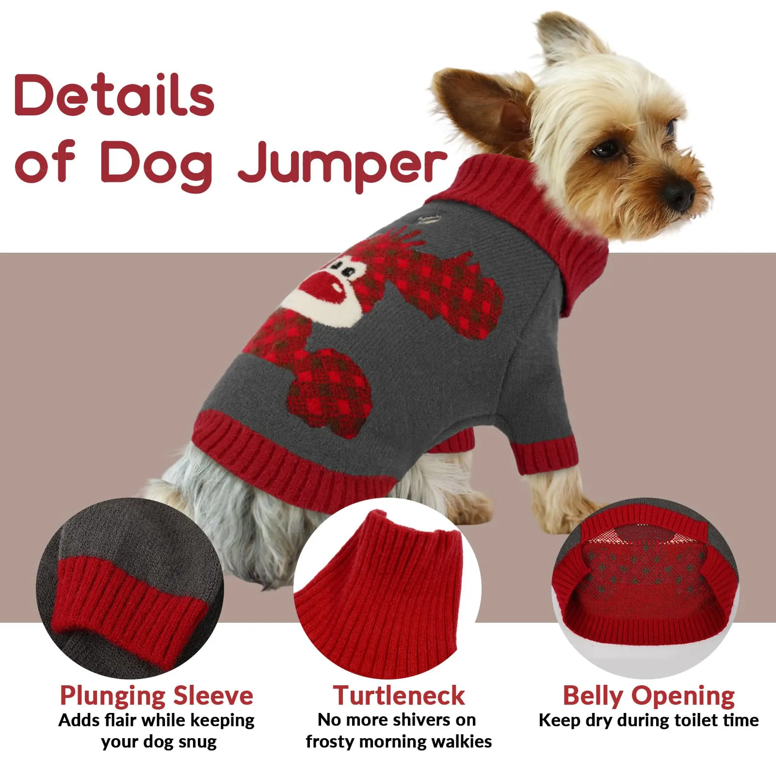 Hjumarayan Maglione Cane Natalizio - Caldo Maglioncino con Renna, foro per guinzaglio, maglioncini per Carlino, Piccolo Bulldog Francese, Schnauzer Nano, Grigio L - immagine 4