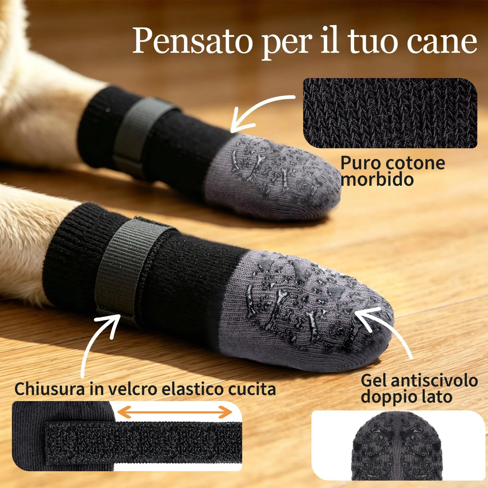 PETLOFT Calzini Antiscivolo per Cani, Prevengono Le Leccate e Graffi, Migliorano la Trazione, Adatti a Cani da Taglia Media a Grande, Regolabili con Gancio e Anello (XS, Nero, Ossa Cartoon) - immagine 3