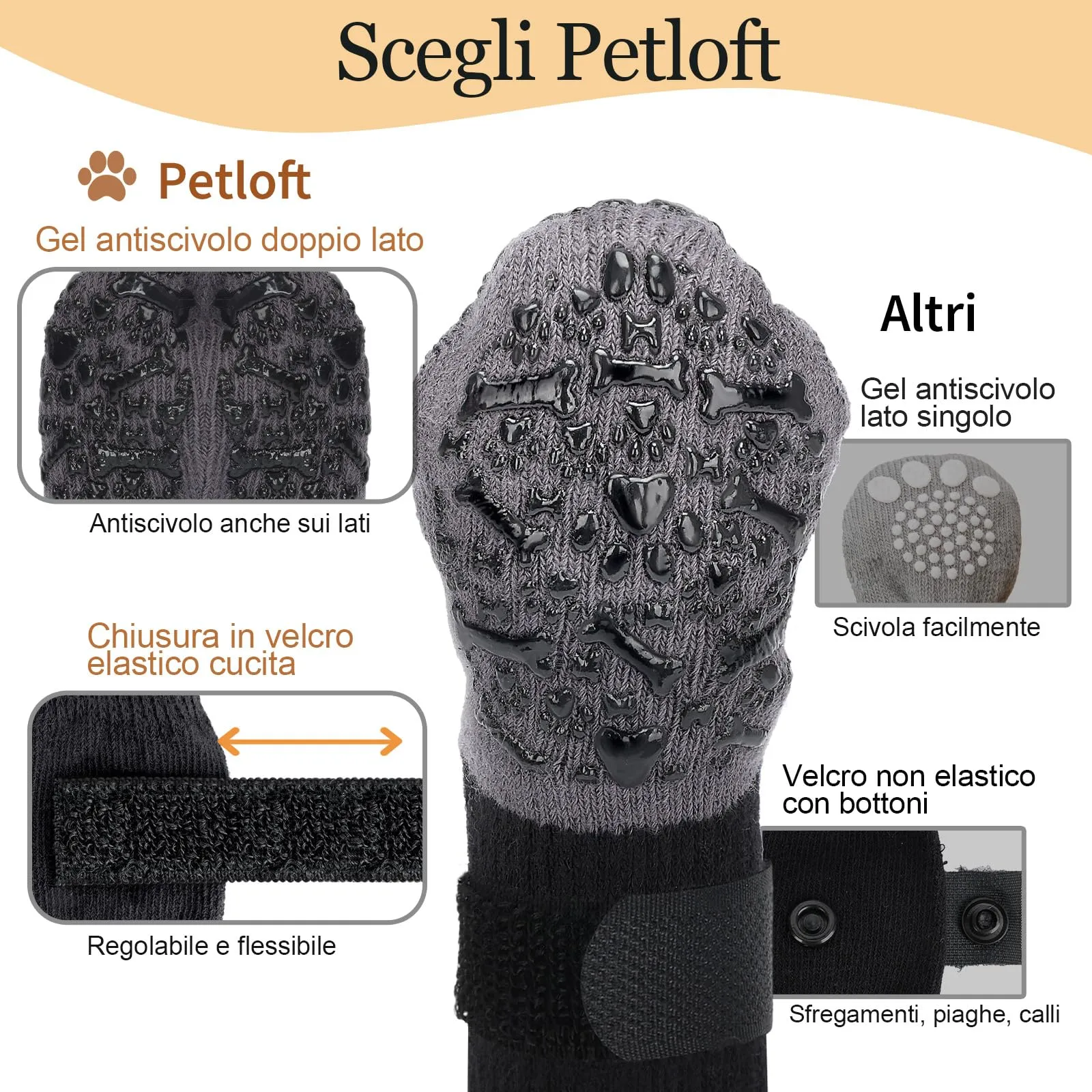PETLOFT Calzini Antiscivolo per Cani, Prevengono Le Leccate e Graffi, Migliorano la Trazione, Adatti a Cani da Taglia Media a Grande, Regolabili con Gancio e Anello (S, Nero, Ossa Cartoon) - immagine 5