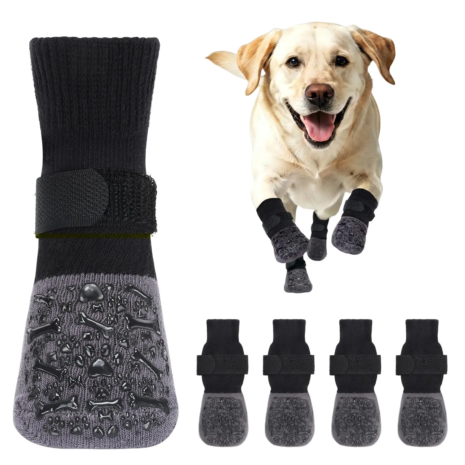 PETLOFT Calzini Antiscivolo per Cani, Prevengono Le Leccate e Graffi, Migliorano la Trazione, Adatti a Cani da Taglia Media a Grande, Regolabili con Gancio e Anello (L, Nero, Ossa Cartoon) - immagine 1