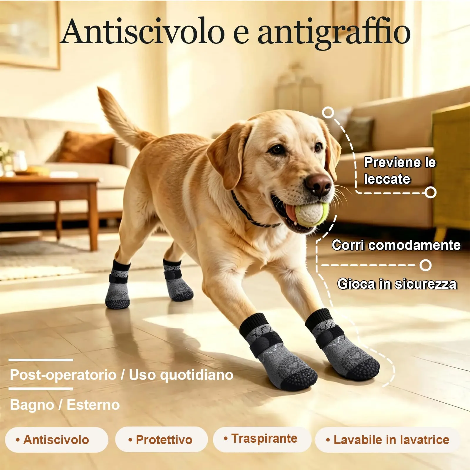 PETLOFT Calzini Antiscivolo per Cani, Prevengono Le Leccate e Graffi, Migliorano la Trazione, Adatti a Cani da Taglia Media a Grande, Regolabili con Gancio e Anello (S, Grigio, A Pois) - immagine 2