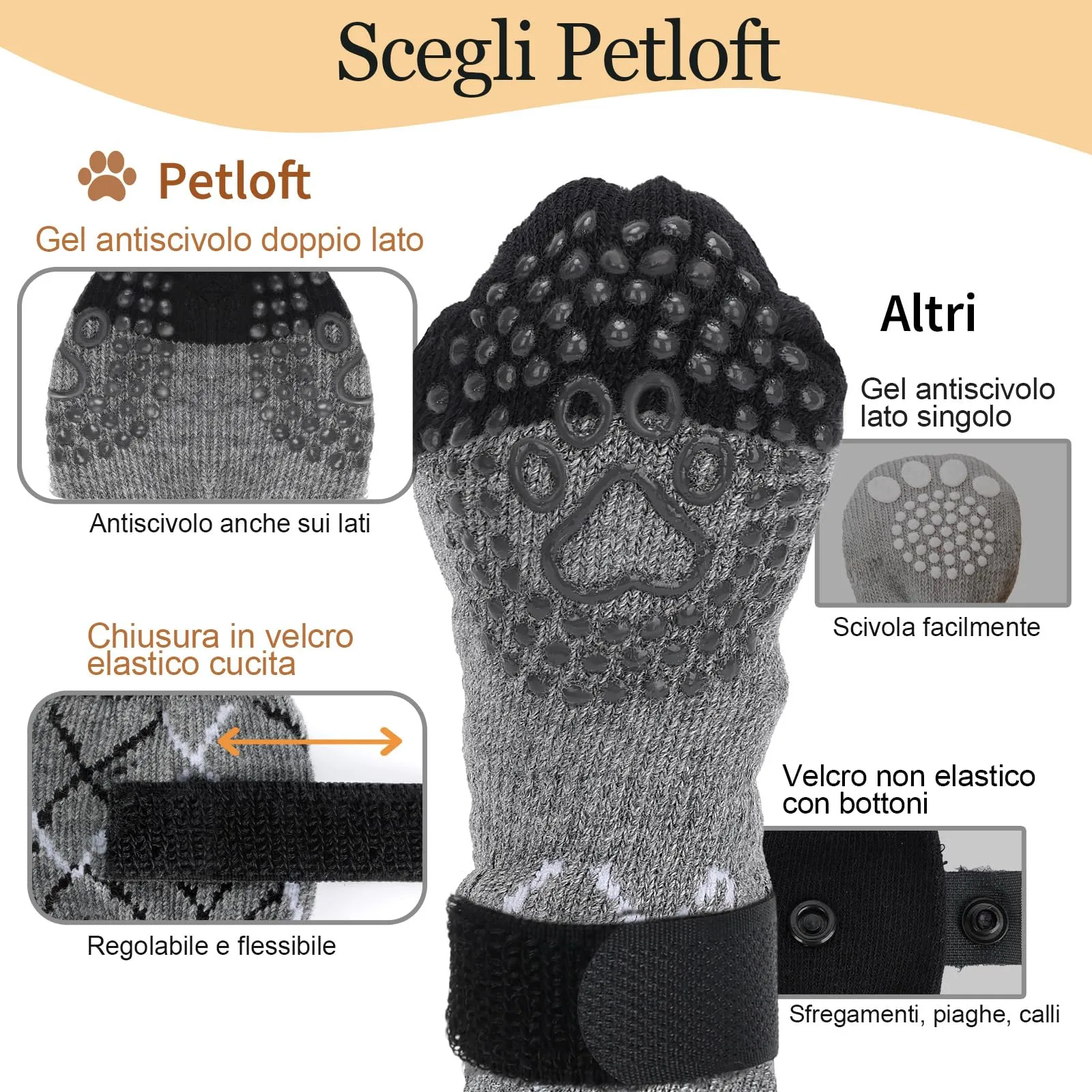 PETLOFT Calzini Antiscivolo per Cani, Prevengono Le Leccate e Graffi, Migliorano la Trazione, Adatti a Cani da Taglia Media a Grande, Regolabili con Gancio e Anello (S, Grigio, A Pois) - immagine 5