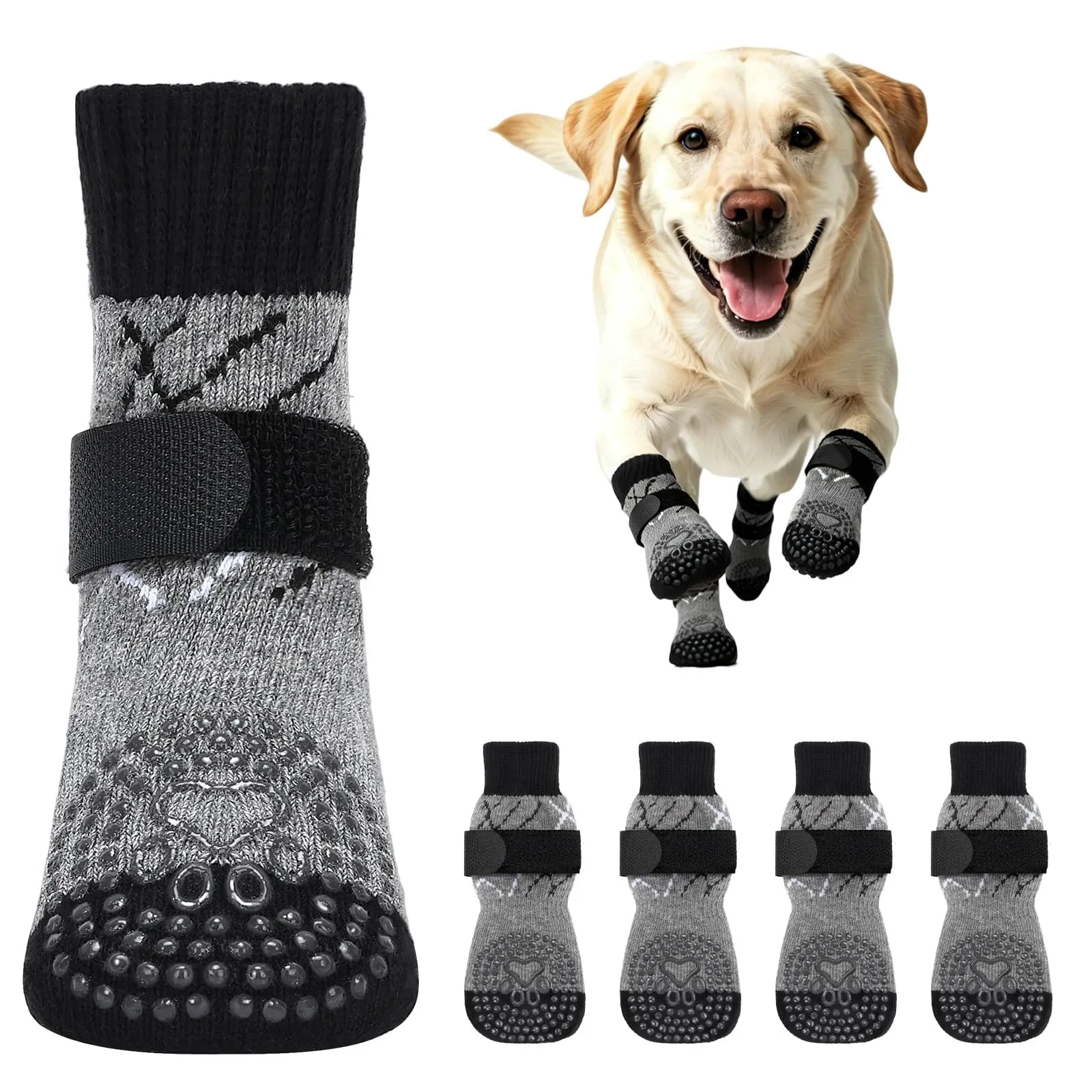 PETLOFT Calzini Antiscivolo per Cani, Prevengono Le Leccate e Graffi, Migliorano la Trazione, Adatti a Cani da Taglia Media a Grande, Regolabili con Gancio e Anello (XS, Grigio, A Pois) - immagine 1