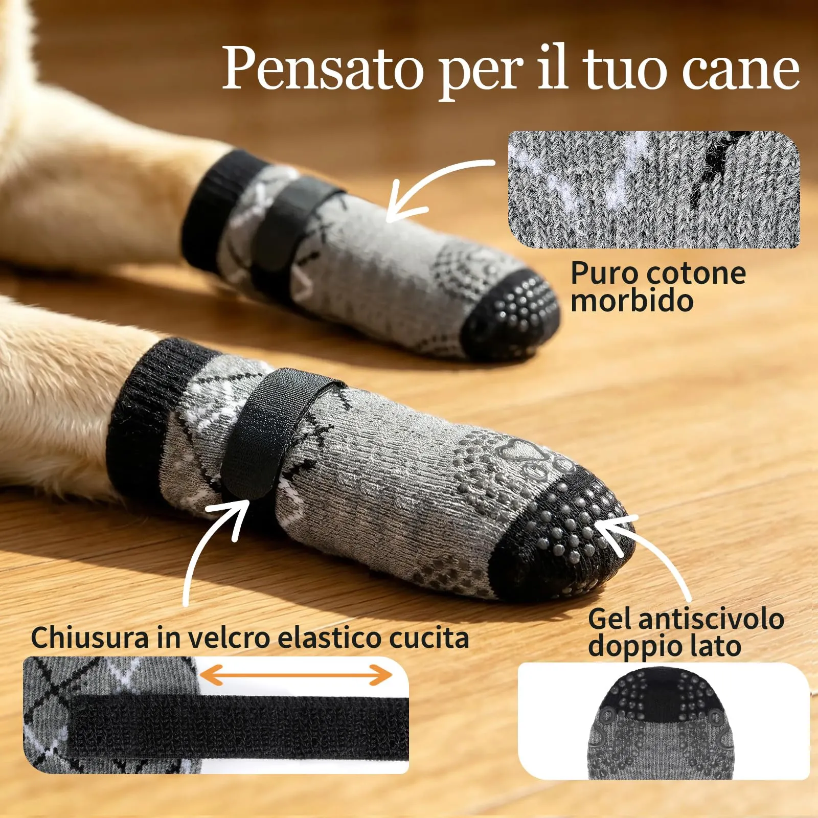 PETLOFT Calzini Antiscivolo per Cani, Prevengono Le Leccate e Graffi, Migliorano la Trazione, Adatti a Cani da Taglia Media a Grande, Regolabili con Gancio e Anello (XS, Grigio, A Pois) - immagine 3