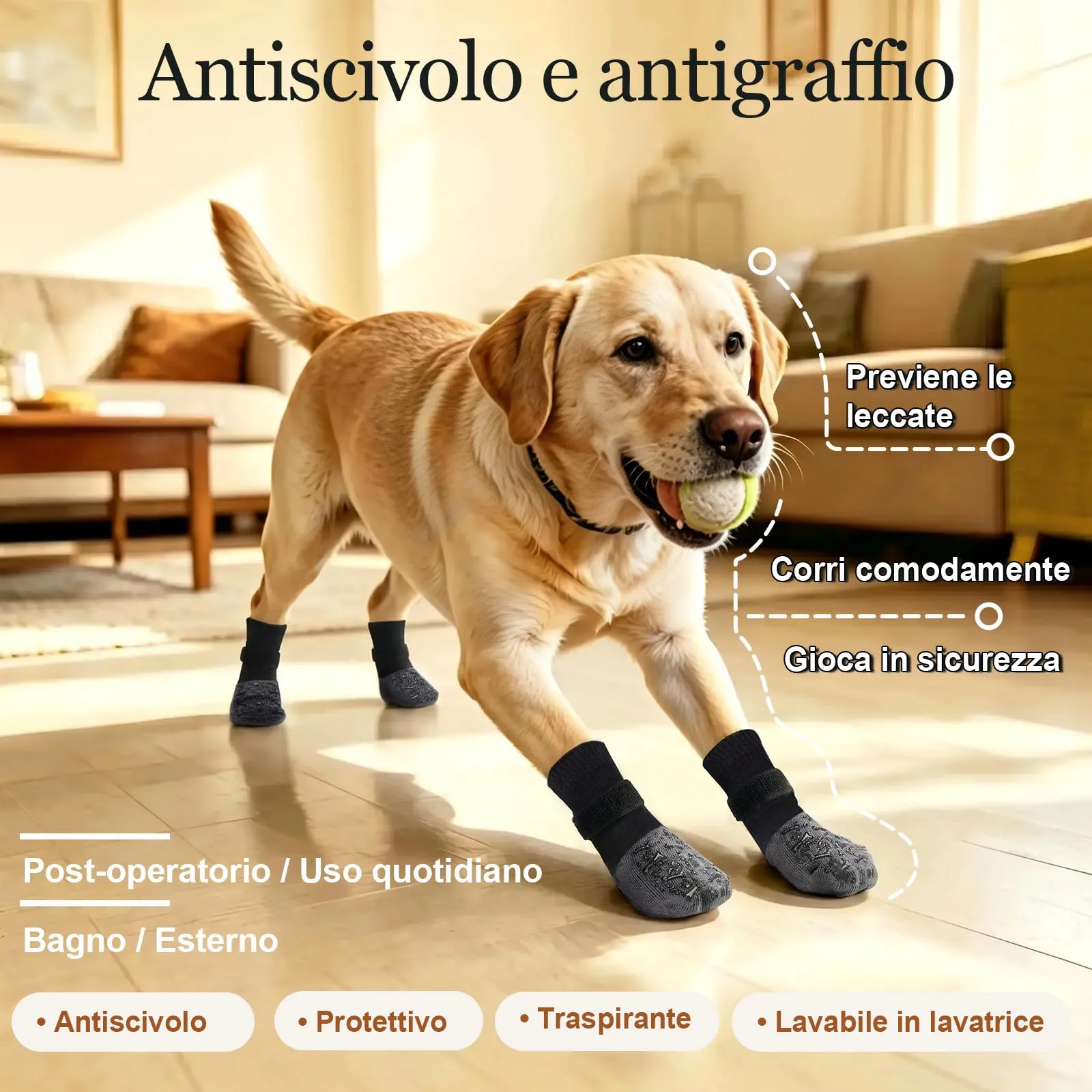 PETLOFT Calzini Antiscivolo per Cani, Prevengono Le Leccate e Graffi, Migliorano la Trazione, Adatti a Cani da Taglia Media a Grande, Regolabili con Gancio e Anello (M, Nero, Ossa Cartoon) - immagine 2