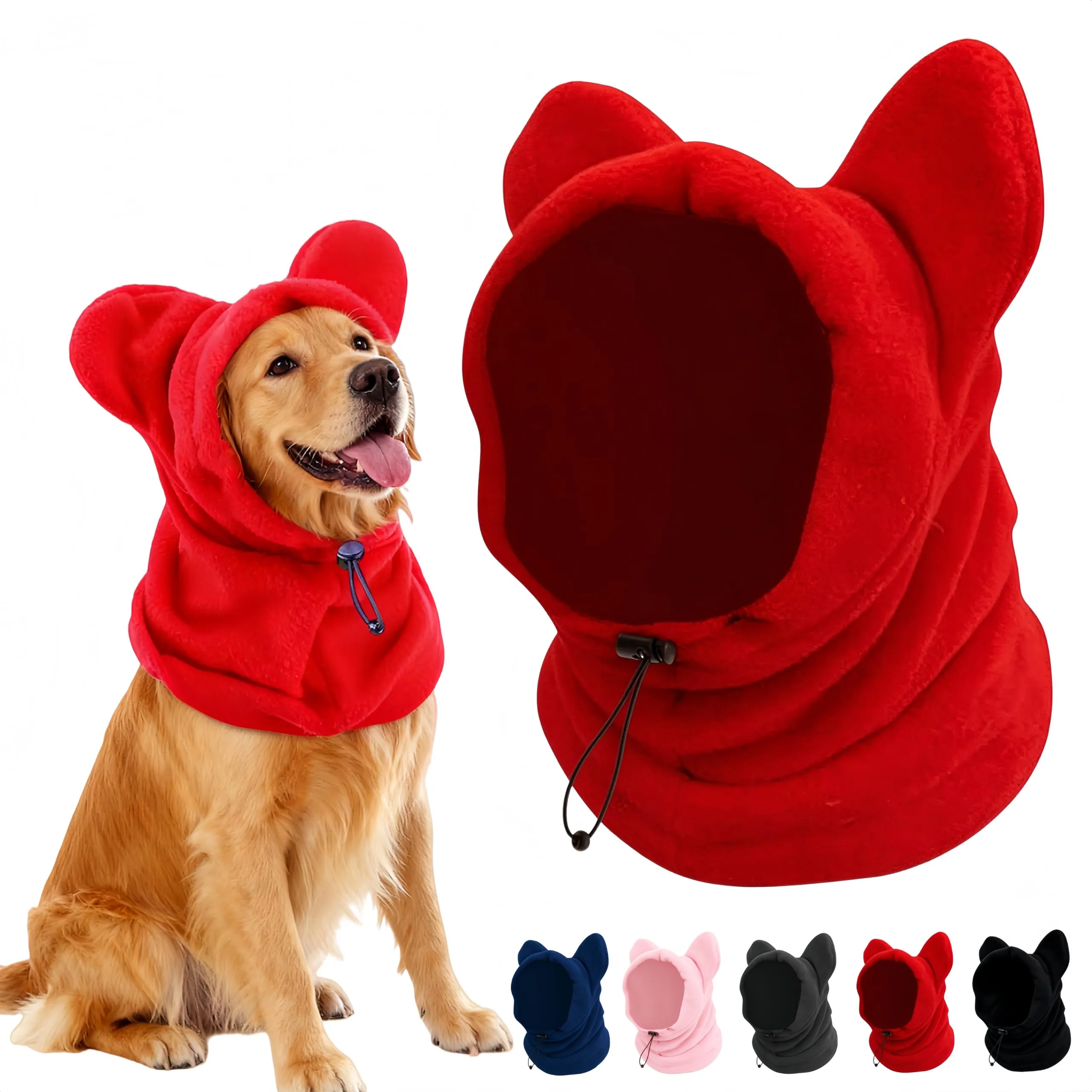 Cuffia in lana per cani e gatti autunno-inverno, copricapo con orecchie dolci, scollatura regolabile, morbida protezione cervicale per animali piccoli e medi (Rosso, L) - immagine 1