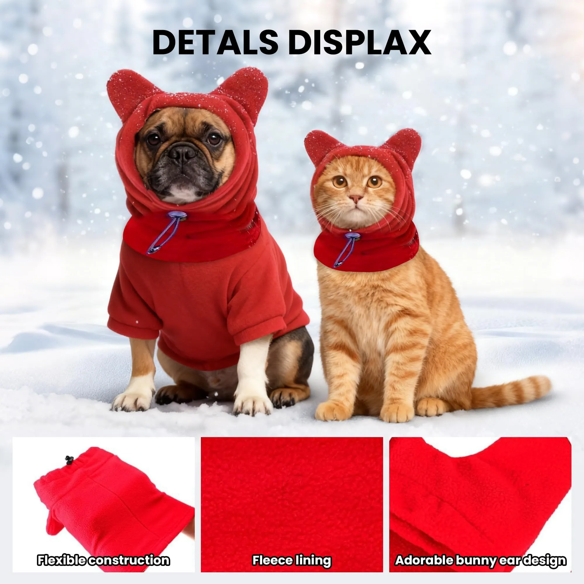 Cuffia in lana per cani e gatti autunno-inverno, copricapo con orecchie dolci, scollatura regolabile, morbida protezione cervicale per animali piccoli e medi (Rosso, L) - immagine 3