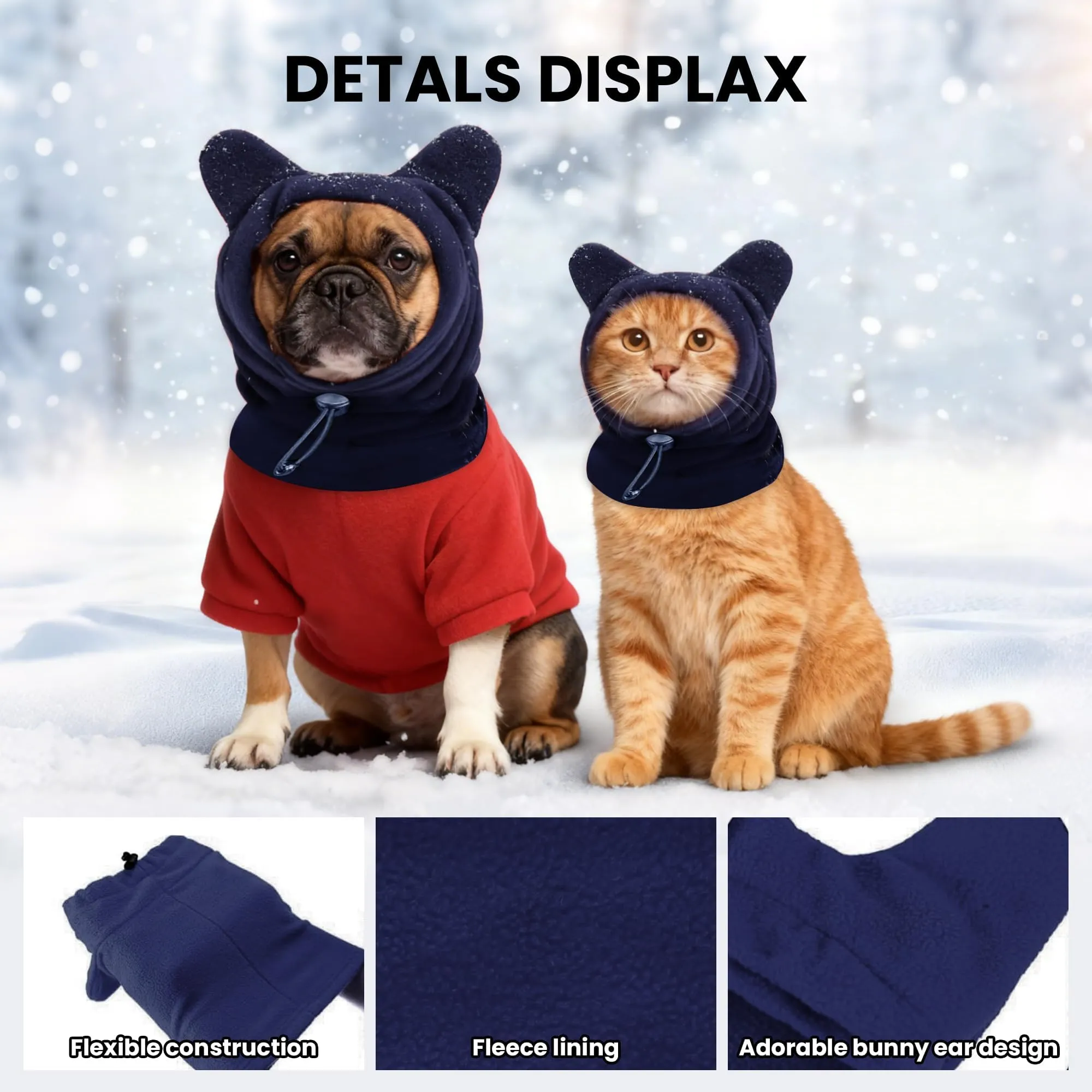 Cuffia in lana per cani e gatti autunno-inverno, copricapo con orecchie dolci, scollatura regolabile, morbida protezione cervicale per animali piccoli e medi (Blu, M) - immagine 3