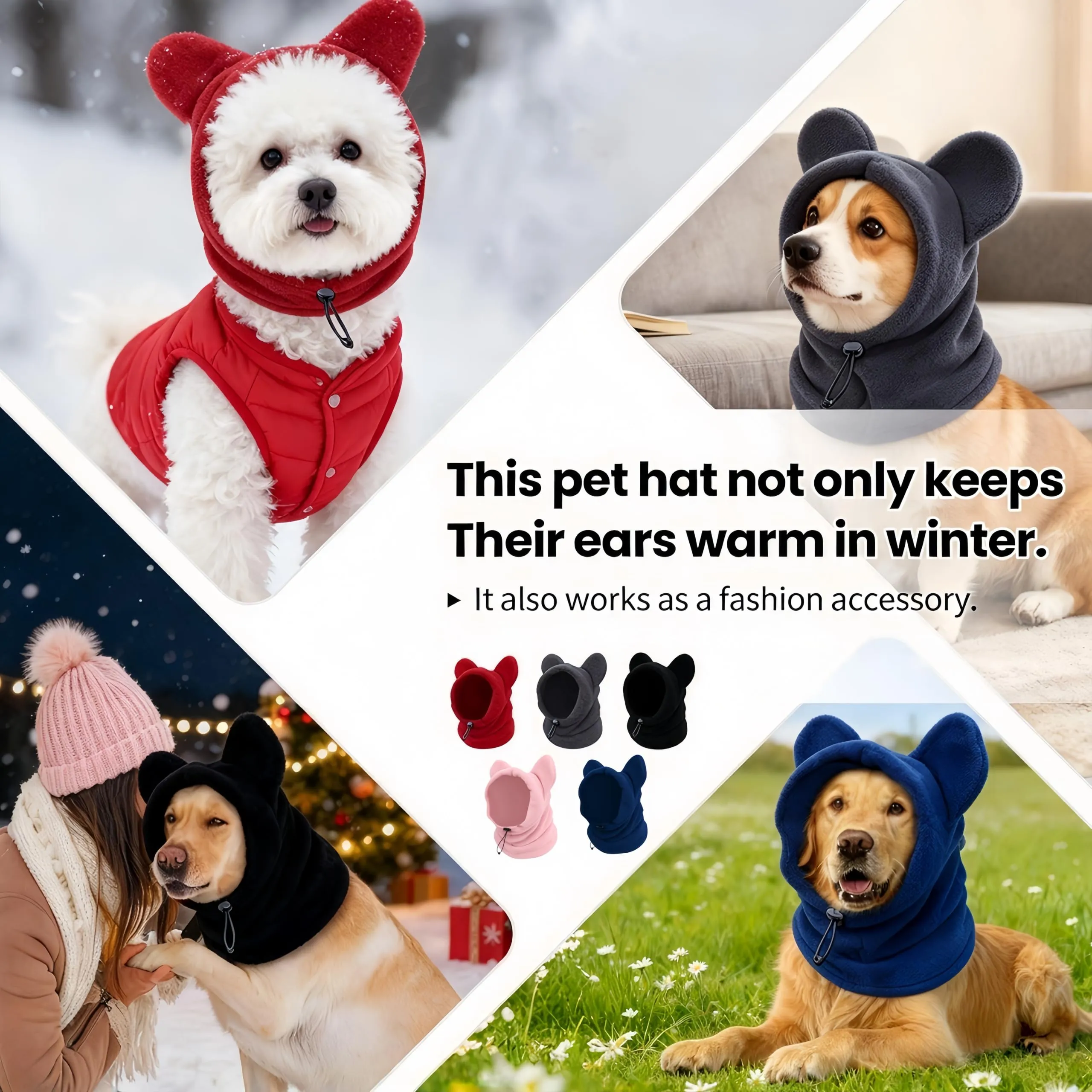 Cuffia in lana per cani e gatti autunno-inverno, copricapo con orecchie dolci, scollatura regolabile, morbida protezione cervicale per animali piccoli e medi (Blu, M) - immagine 4