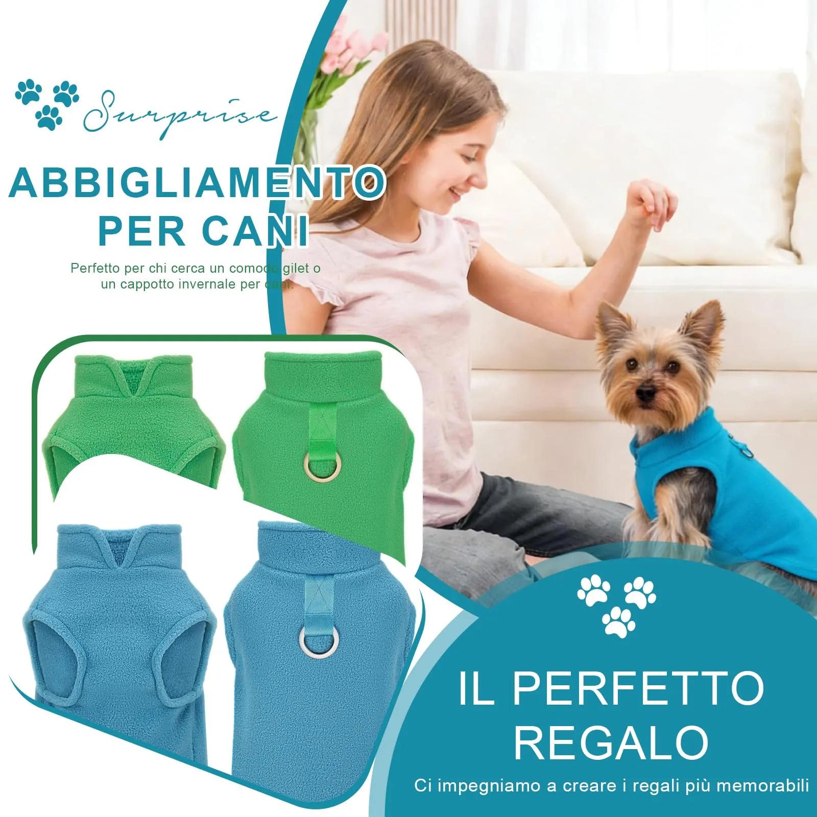 CUEMOON 2 Maglioncino per Cani e Gatti di Piccola Taglia, Gilet per Cani in Pile Elasticizzato Blu Verde, M - immagine 5