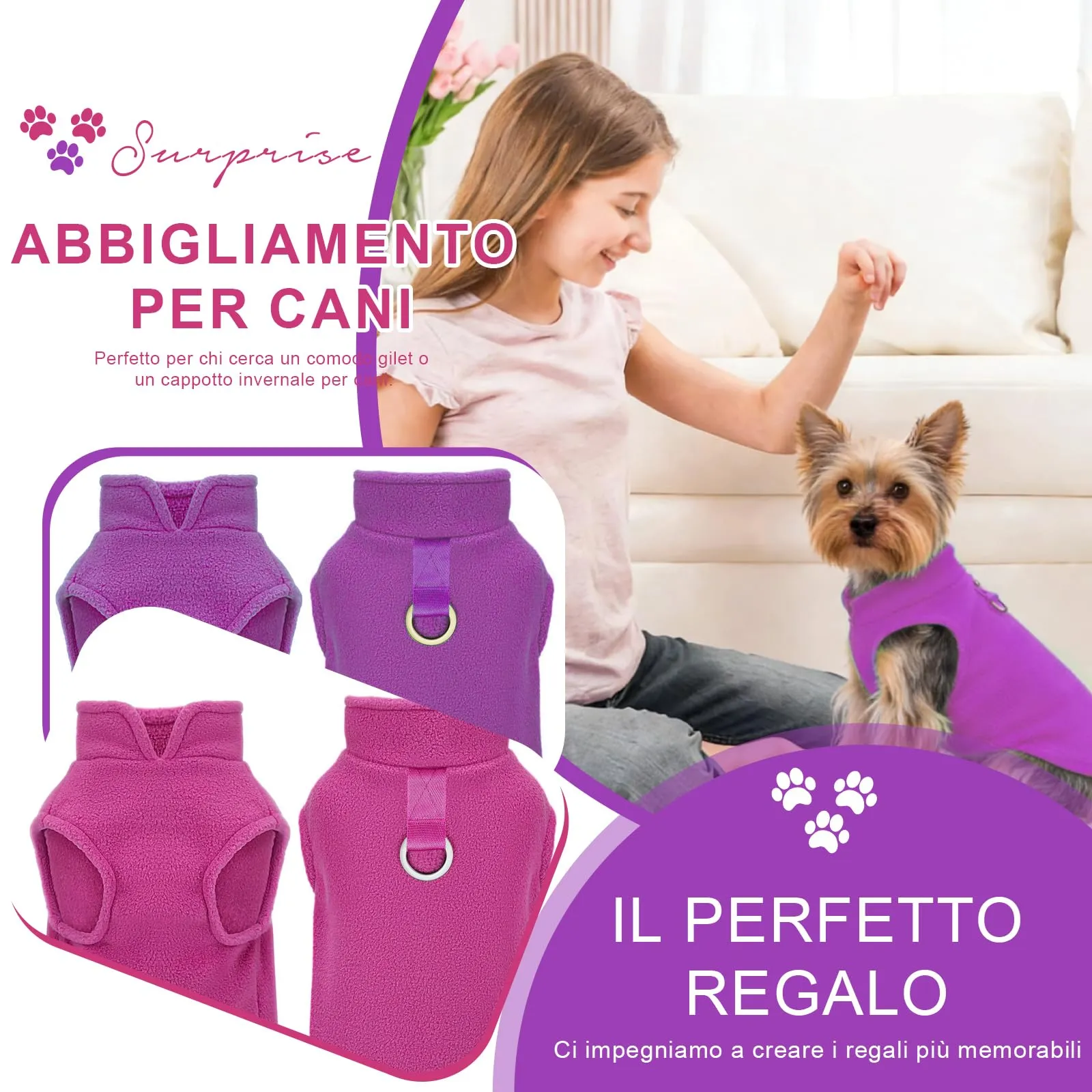 CUEMOON 2 Maglioncino per Cani e Gatti di Piccola Taglia, Gilet per Cani in Pile Elasticizzato Viola Rosa, M - immagine 5