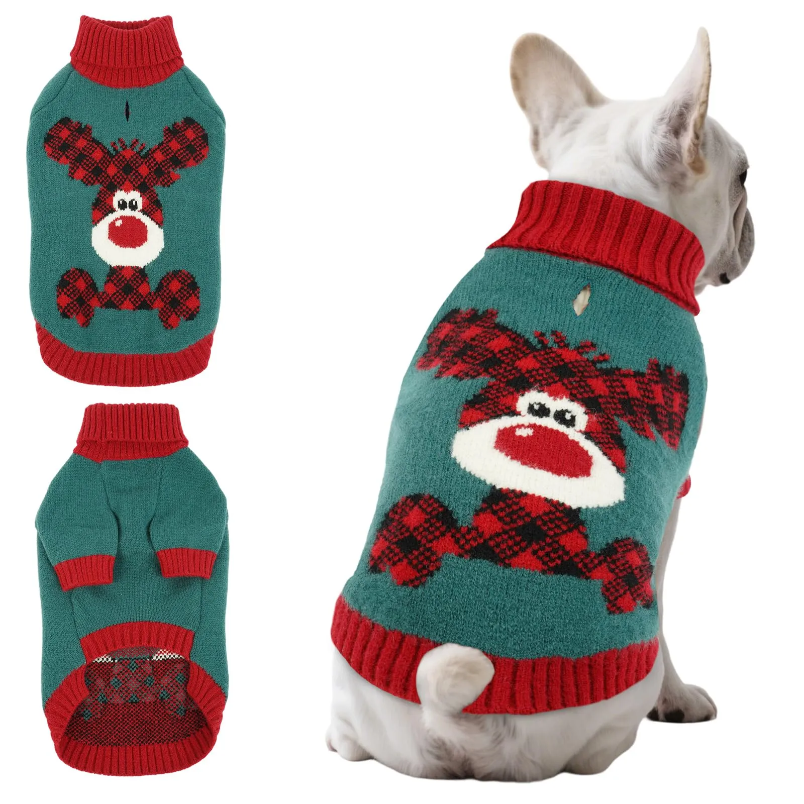 Maglione Cane Natalizio - Caldo Maglioncino con Renna, foro per guinzaglio, maglioncini per Bulldog francese, Carlino, Schnauzer nano, Jack Russell Terrier, Verde Scuro L - immagine 1