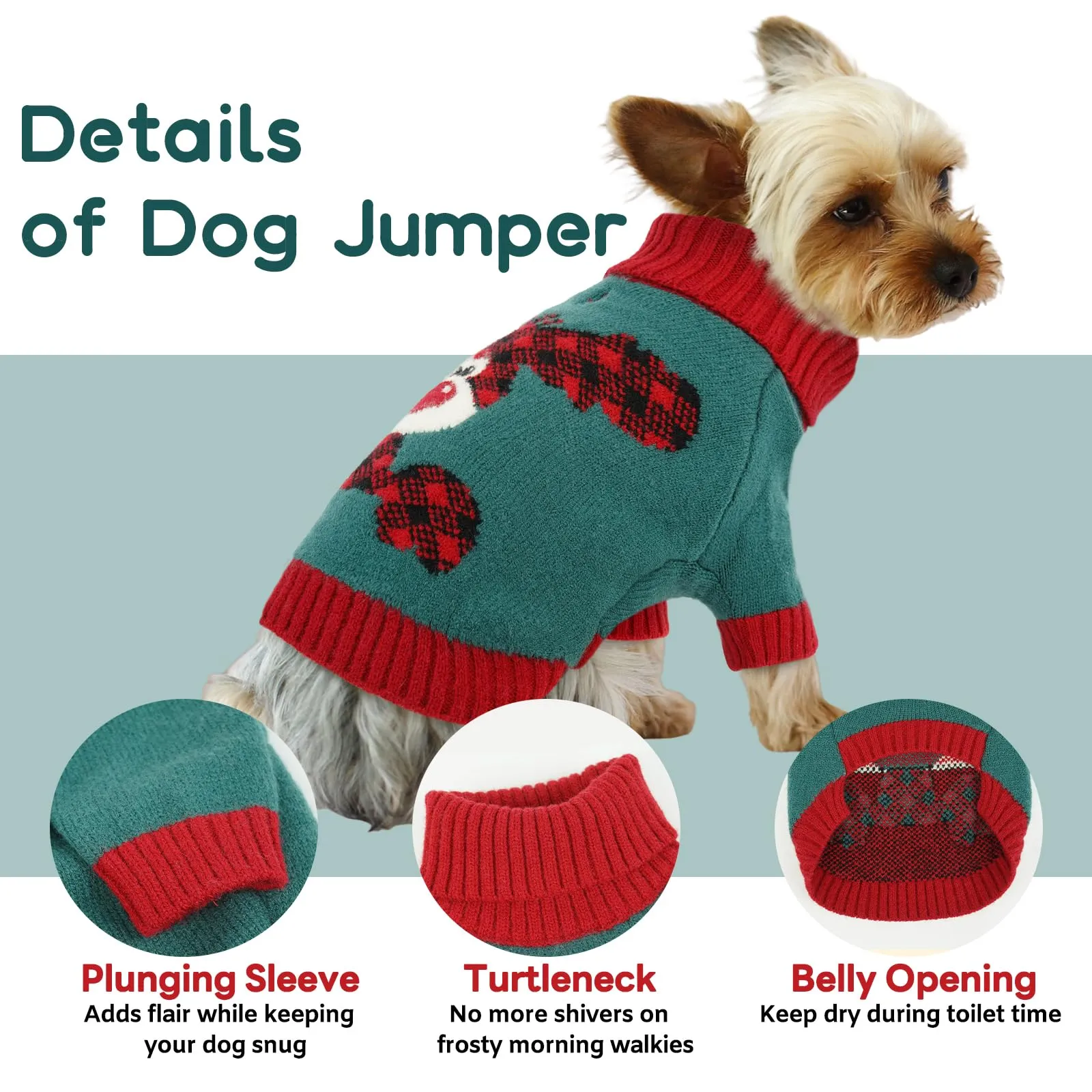 Maglione Cane Natalizio - Caldo Maglioncino con Renna, foro per guinzaglio, maglioncini per Maltese,Yorkshire Terrier, Spitz nano, Piccolo meticcio, Verde Scuro S - immagine 4