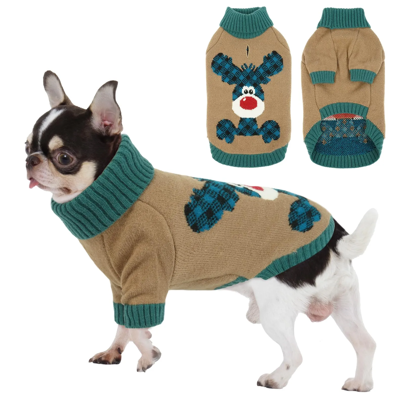 Maglione Cane Natalizio - Caldo Maglioncino con Renna, foro per guinzaglio, maglioncini per Maltese,Yorkshire Terrier, Spitz nano, Piccolo meticcio, Marrone Chiaro S - immagine 1
