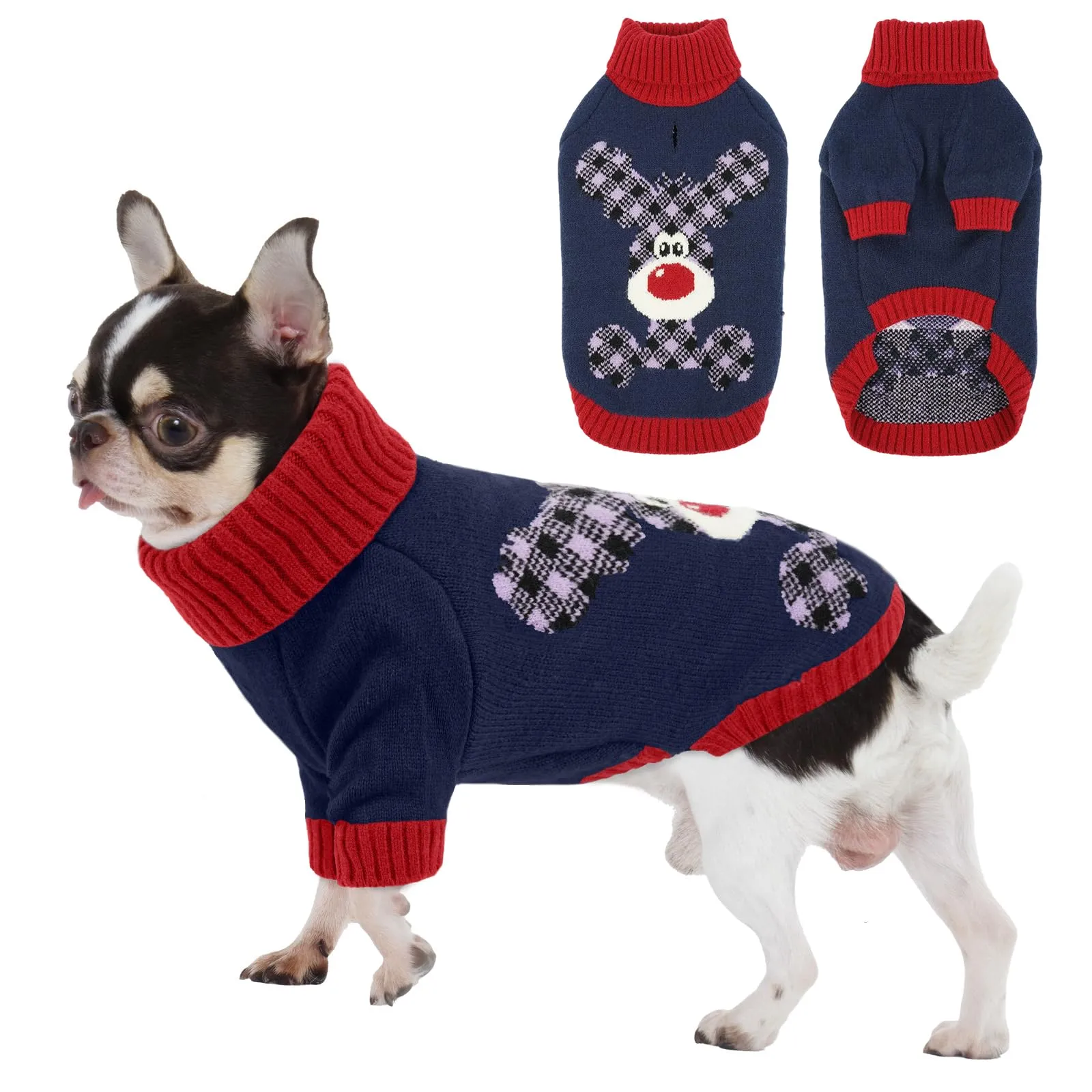Maglione Cane Natalizio - Caldo Maglioncino con Renna, foro per guinzaglio, maglioncini per Chihuahua, Yorkshire Terrier mini, Barboncino toy, Blu Navy XS - immagine 1