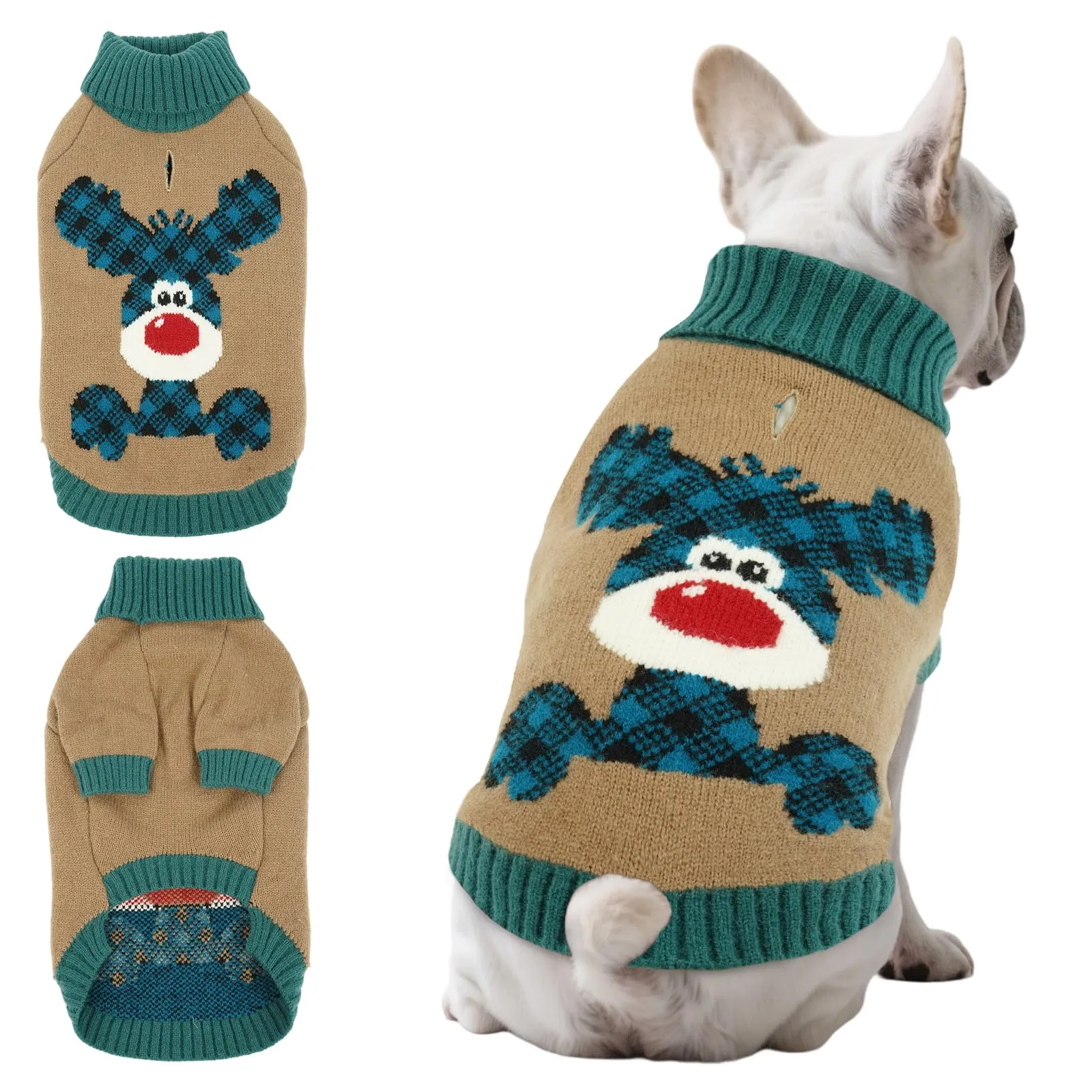 Maglione Cane Natalizio - Caldo Maglioncino con Renna, foro per guinzaglio, maglioncini per Bulldog francese, Carlino, Schnauzer nano, Jack Russell Terrier, Marrone Chiaro L - immagine 1