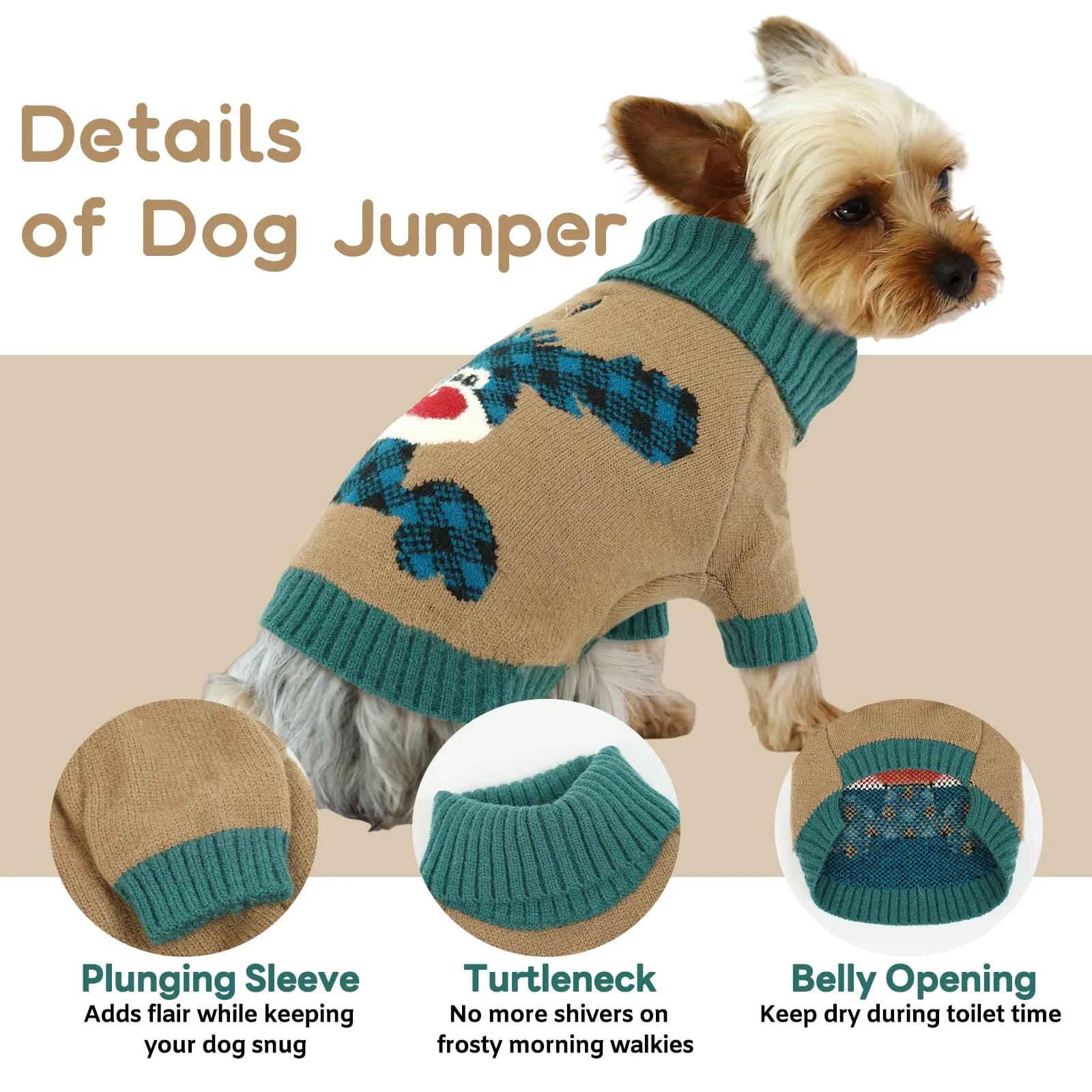 Maglione Cane Natalizio - Caldo Maglioncino con Renna, foro per guinzaglio, maglioncini per Bulldog francese, Carlino, Schnauzer nano, Jack Russell Terrier, Marrone Chiaro L - immagine 4