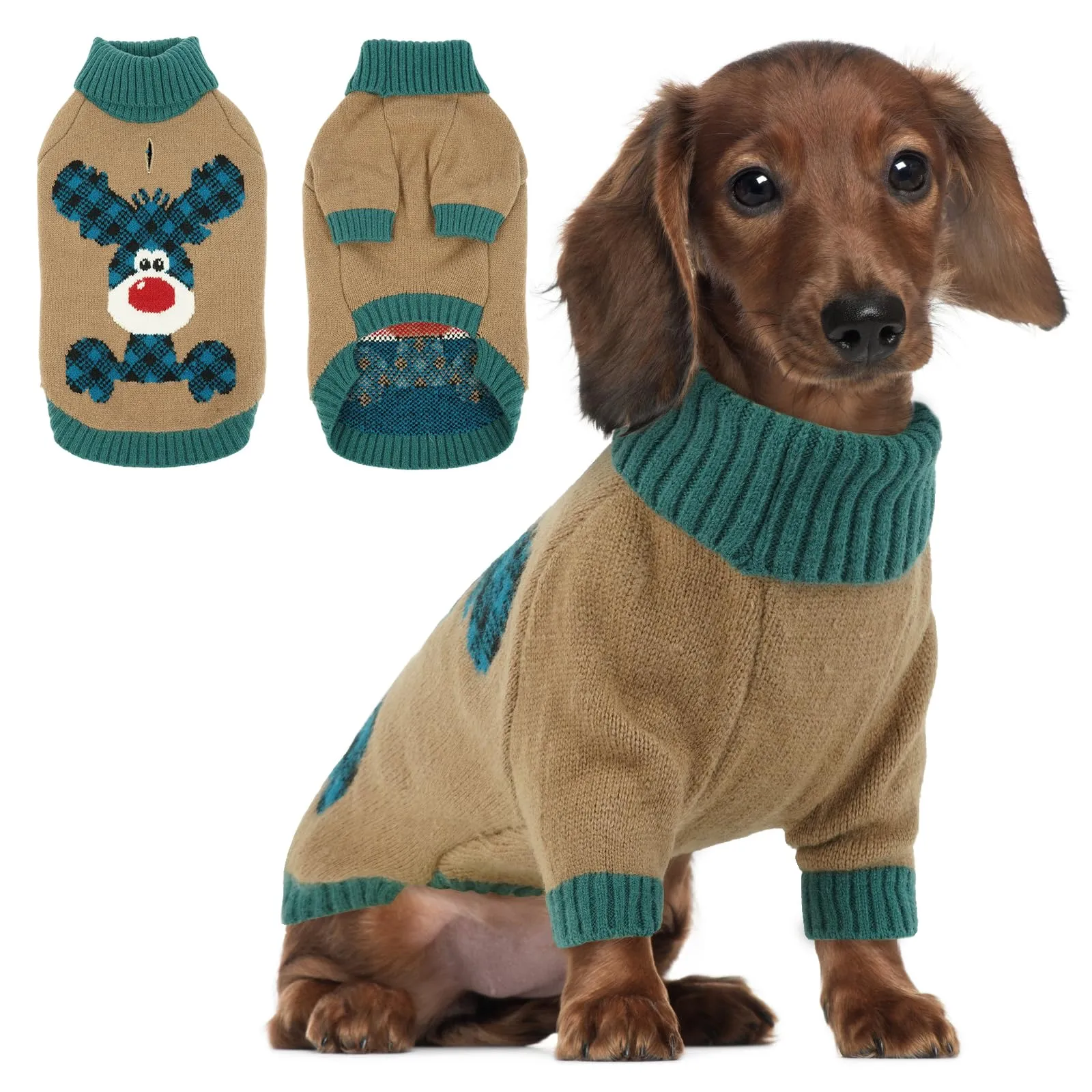 Maglione Cane Natalizio - Caldo Maglioncino con Renna, foro per guinzaglio, maglioncini per Bichon Frisé, Cavalier King Charles, Dachshund, Barboncino, Marrone Chiaro M - immagine 1