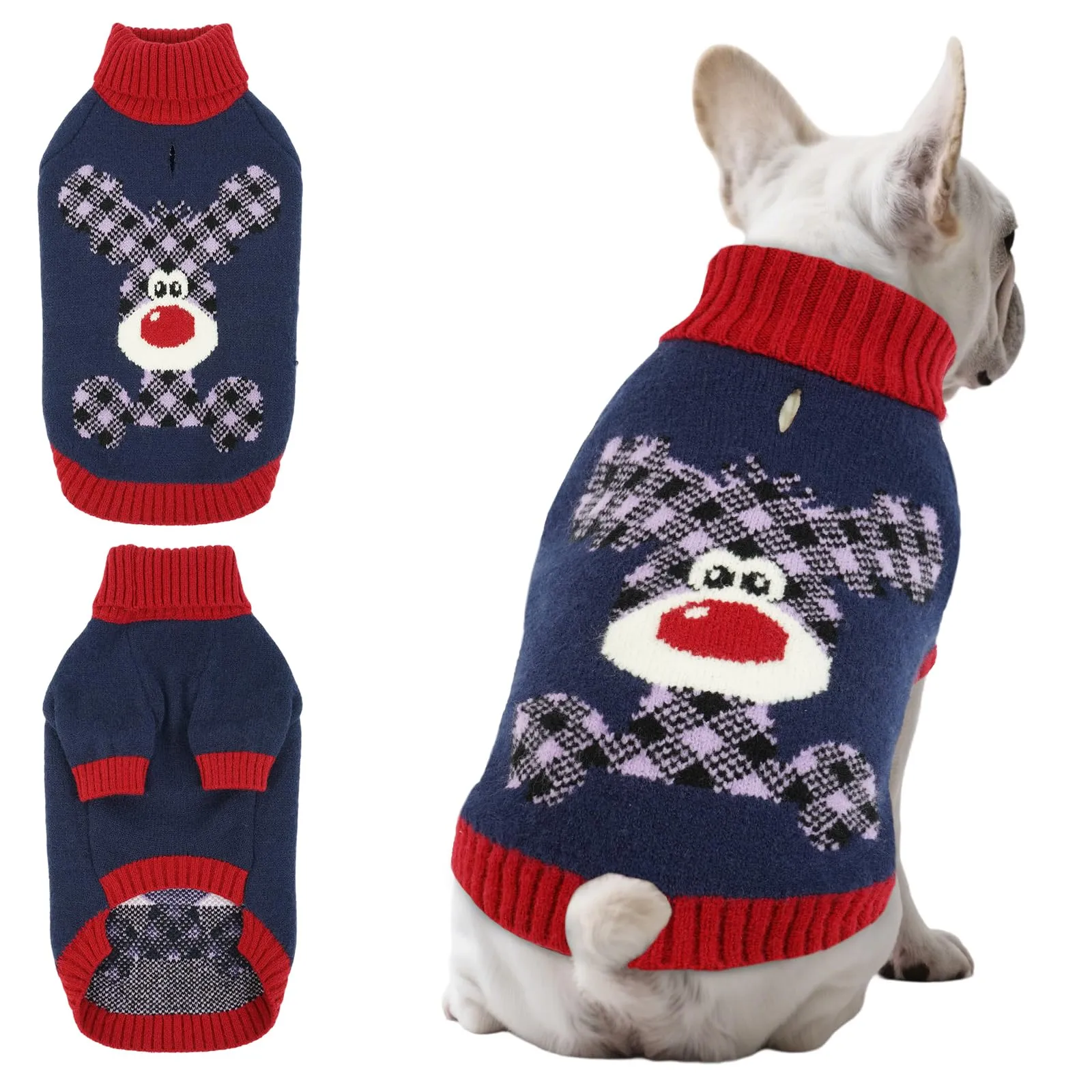 Maglione Cane Natalizio - Caldo Maglioncino con Renna, foro per guinzaglio, maglioncini per Bulldog francese, Carlino, Schnauzer nano, Jack Russell Terrier, Blu Navy L - immagine 1