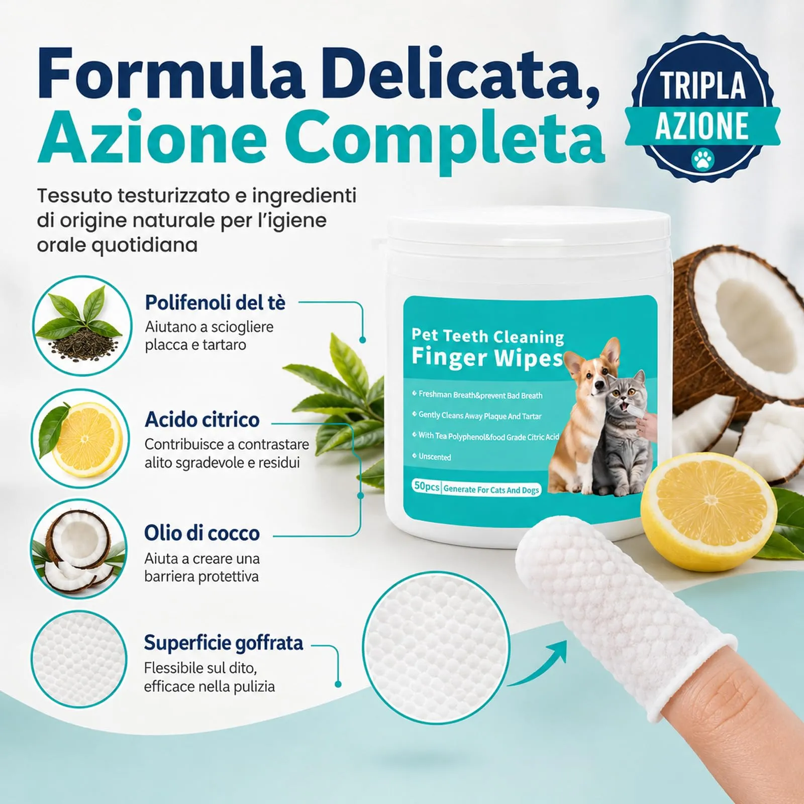 ZampaLife Salviette Dentali per Cani e Gatti, 50 Pezzi, Salviette per Pulizia Denti Animali, Igiene Orale Quotidiana, Salviettine da Dito per Bocca, ZampaLife Salviette Dentali Cane (1 Confezione) - immagine 3
