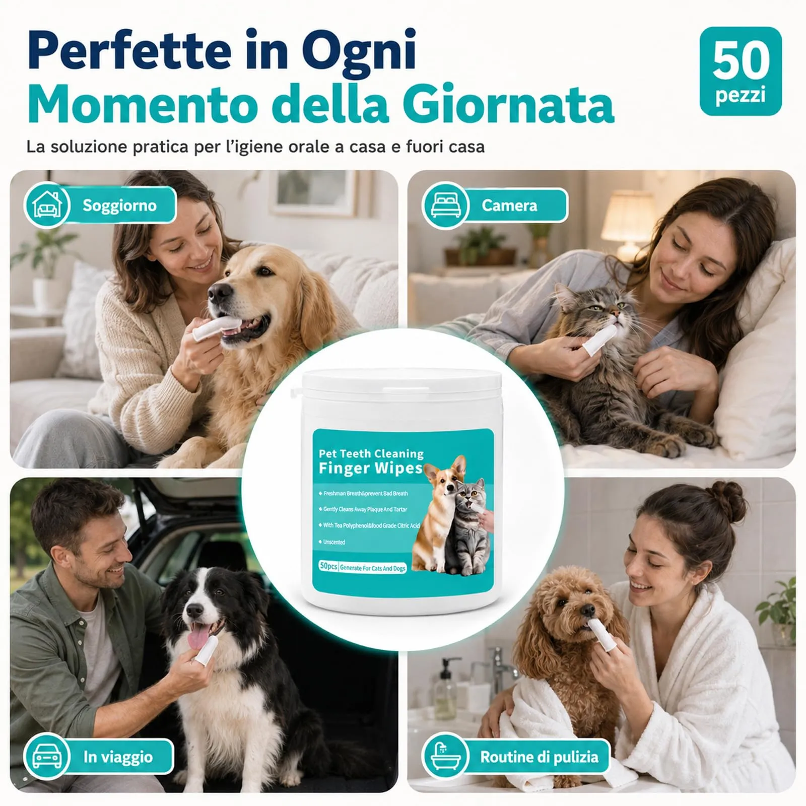 ZampaLife Salviette Dentali per Cani e Gatti, 50 Pezzi, Salviette per Pulizia Denti Animali, Igiene Orale Quotidiana, Salviettine da Dito per Bocca, ZampaLife Salviette Dentali Cane (1 Confezione) - immagine 6