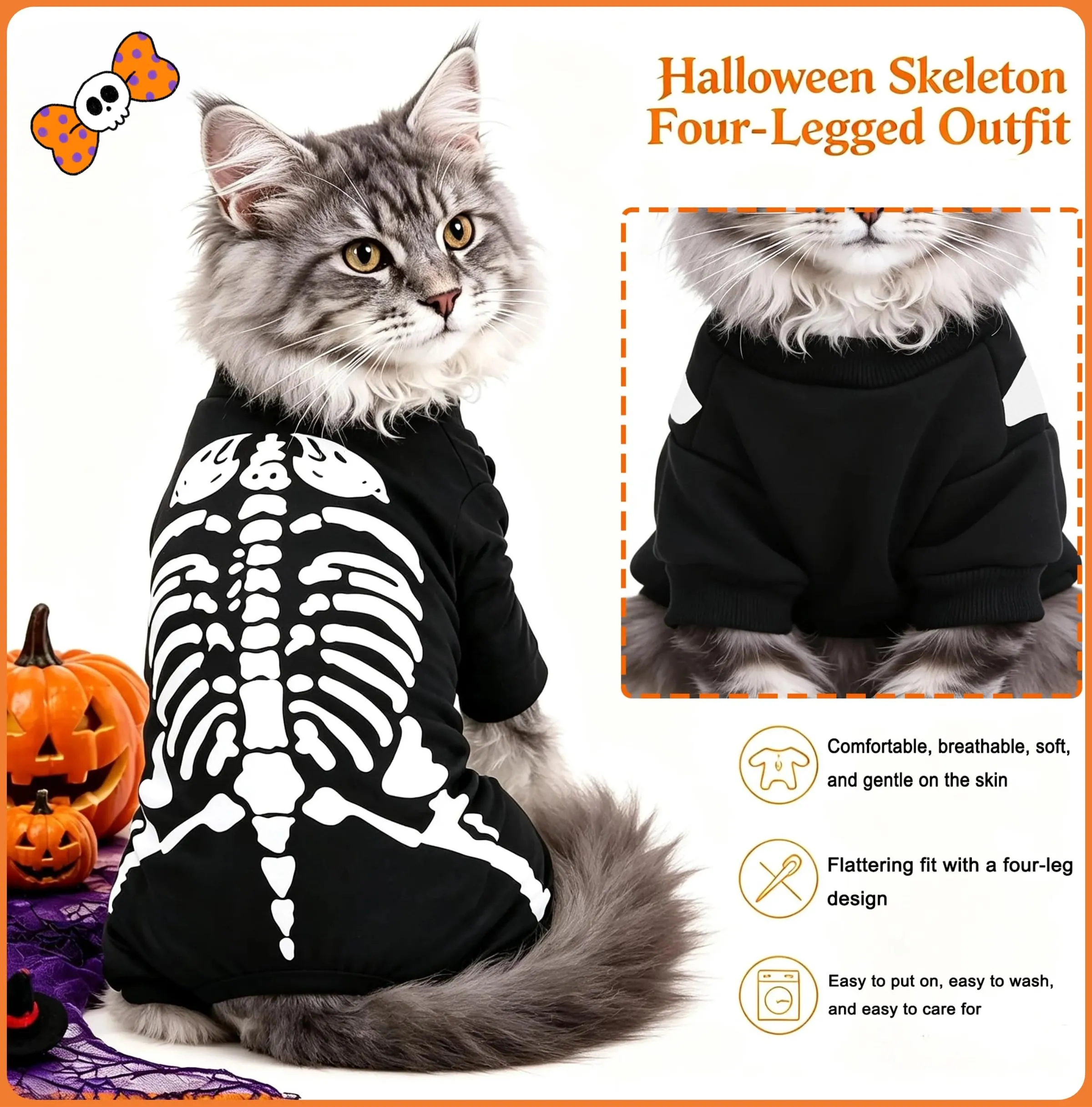 Maigllra Costume da scheletro per cane, si illumina al buio, tuta per Halloween, a 4 zampe, per cuccioli di piccola taglia e gatto, M - immagine 5