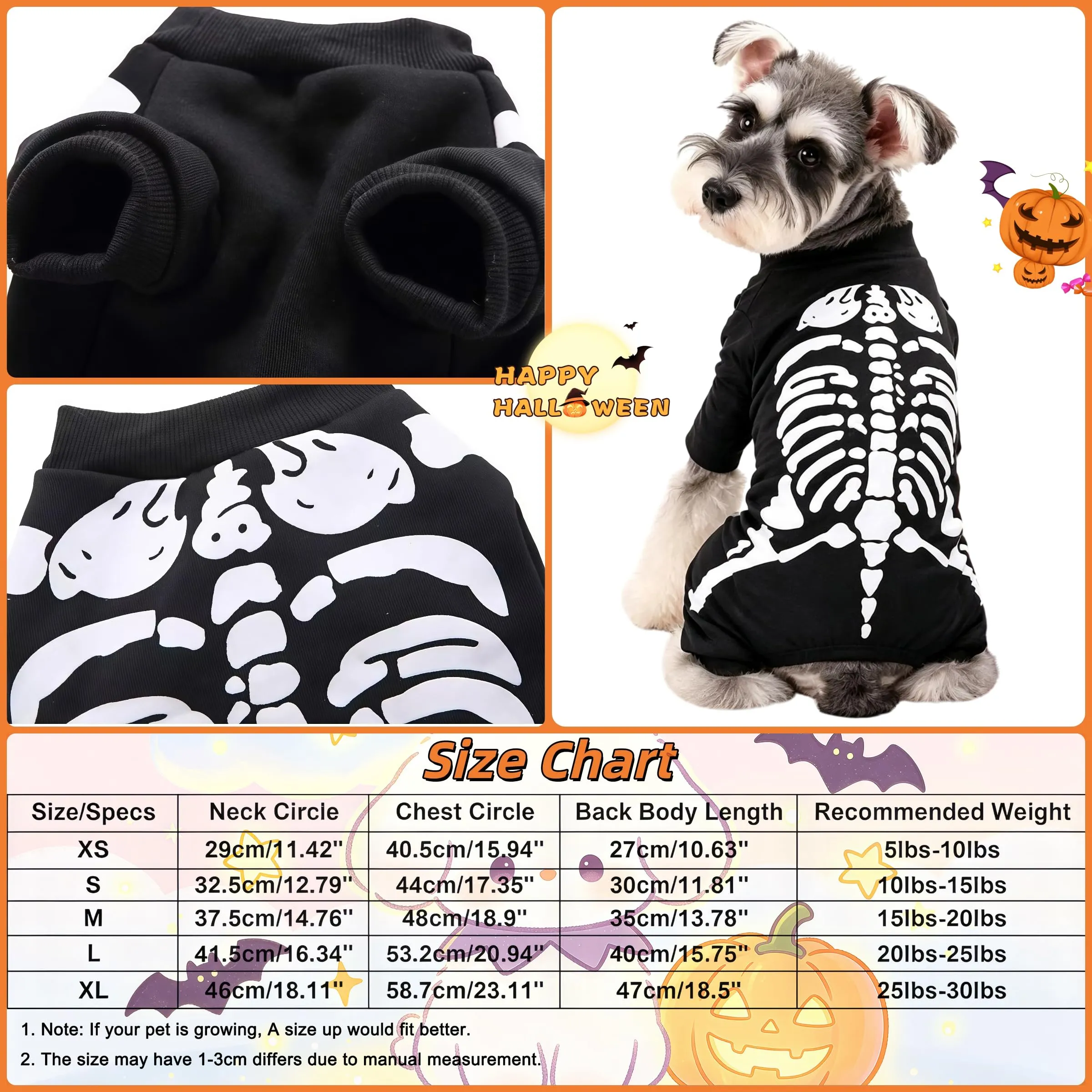 Maigllra Costume da scheletro per cane, si illumina al buio, tuta per Halloween, a 4 zampe, per cuccioli di piccola taglia e gatto, M - immagine 6