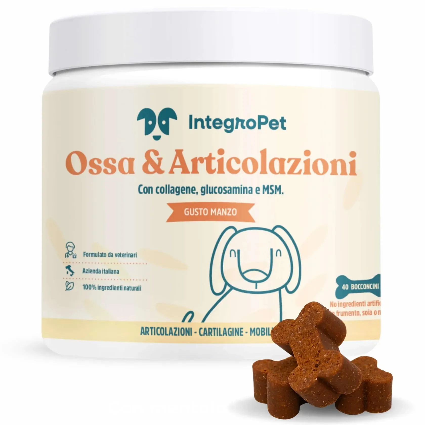 IntegroPet Ossa e Articolazioni per Cani, Integratore con Glucosamina, MSM, Collagene e Curcuma - 40 Bocconcini - immagine 1