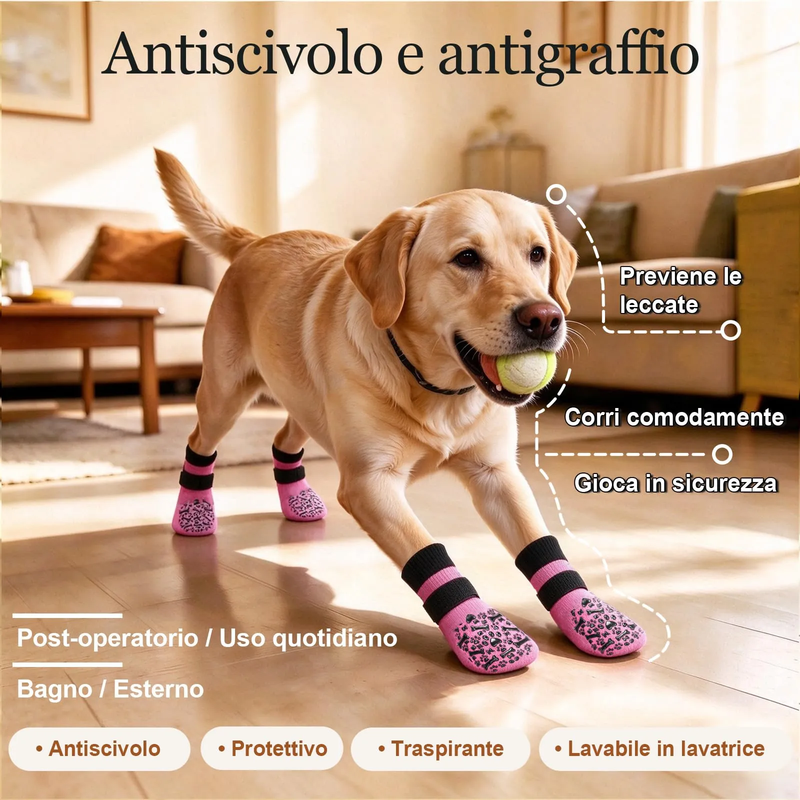 PETLOFT Calzini Antiscivolo per Cani, Prevengono Le Leccate e Graffi, Migliorano la Trazione, Adatti a Cani da Taglia Media a Grande, Regolabili con Gancio e Anello (L, Rosa, Ossa Cartoon) - immagine 2