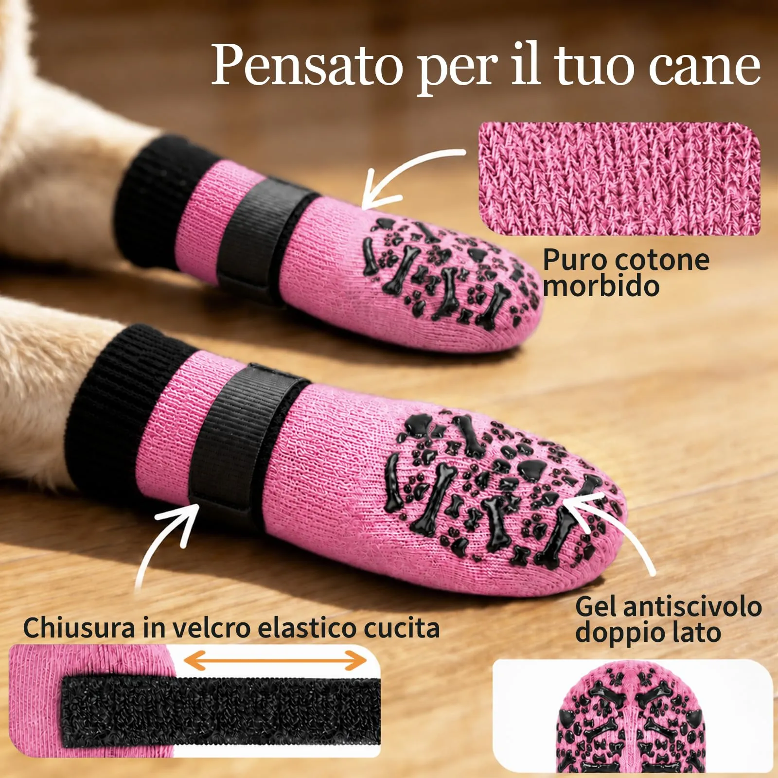 PETLOFT Calzini Antiscivolo per Cani, Prevengono Le Leccate e Graffi, Migliorano la Trazione, Adatti a Cani da Taglia Media a Grande, Regolabili con Gancio e Anello (L, Rosa, Ossa Cartoon) - immagine 3