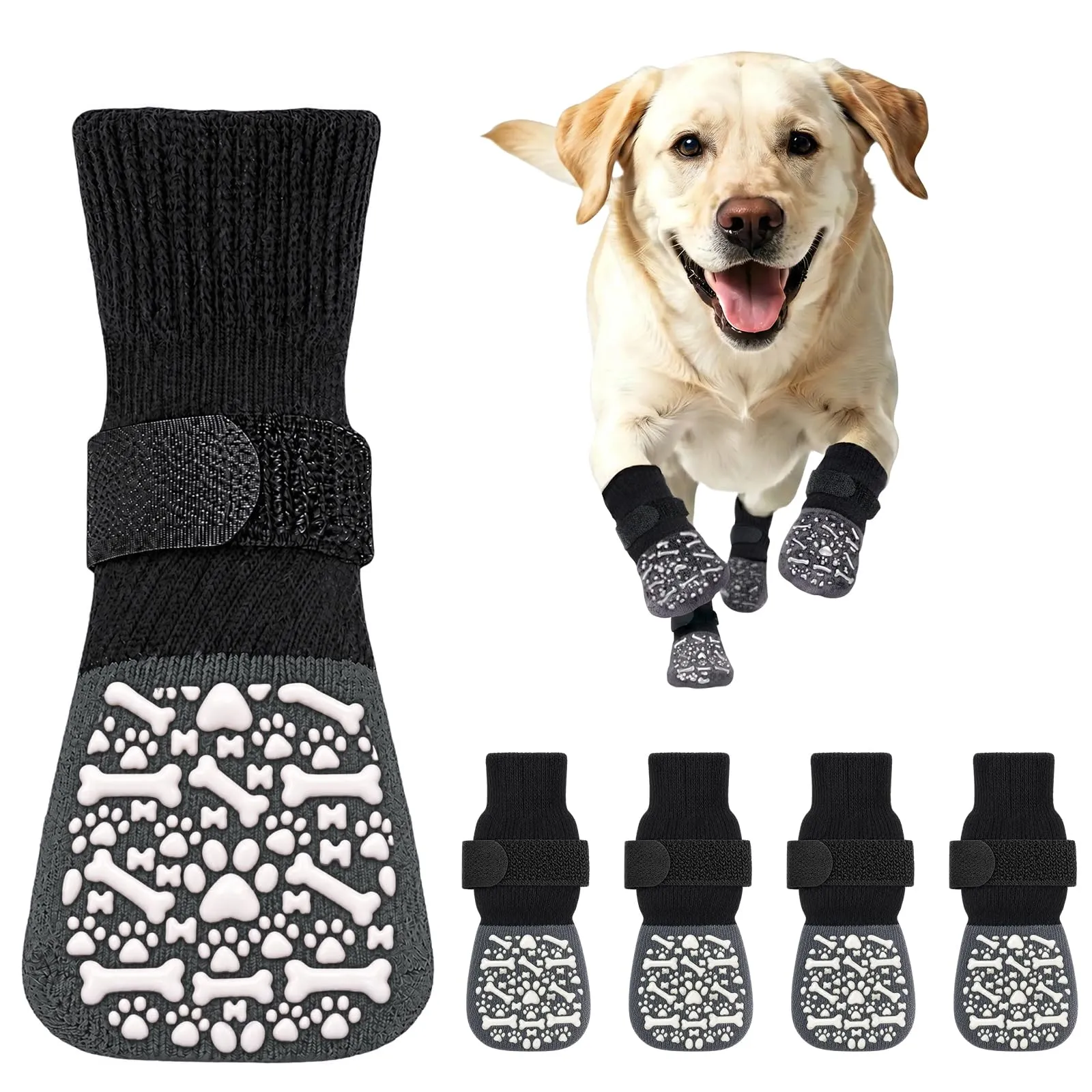 PETLOFT Calzini Antiscivolo per Cani, Prevengono Le Leccate e Graffi, Migliorano la Trazione, Adatti a Cani da Taglia Media a Grande, Regolabili con Gancio e Anello (XS, Bianco, Ossa Cartoon) - immagine 1