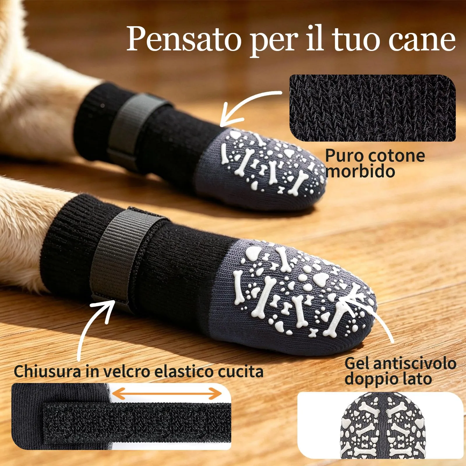 PETLOFT Calzini Antiscivolo per Cani, Prevengono Le Leccate e Graffi, Migliorano la Trazione, Adatti a Cani da Taglia Media a Grande, Regolabili con Gancio e Anello (XS, Bianco, Ossa Cartoon) - immagine 3