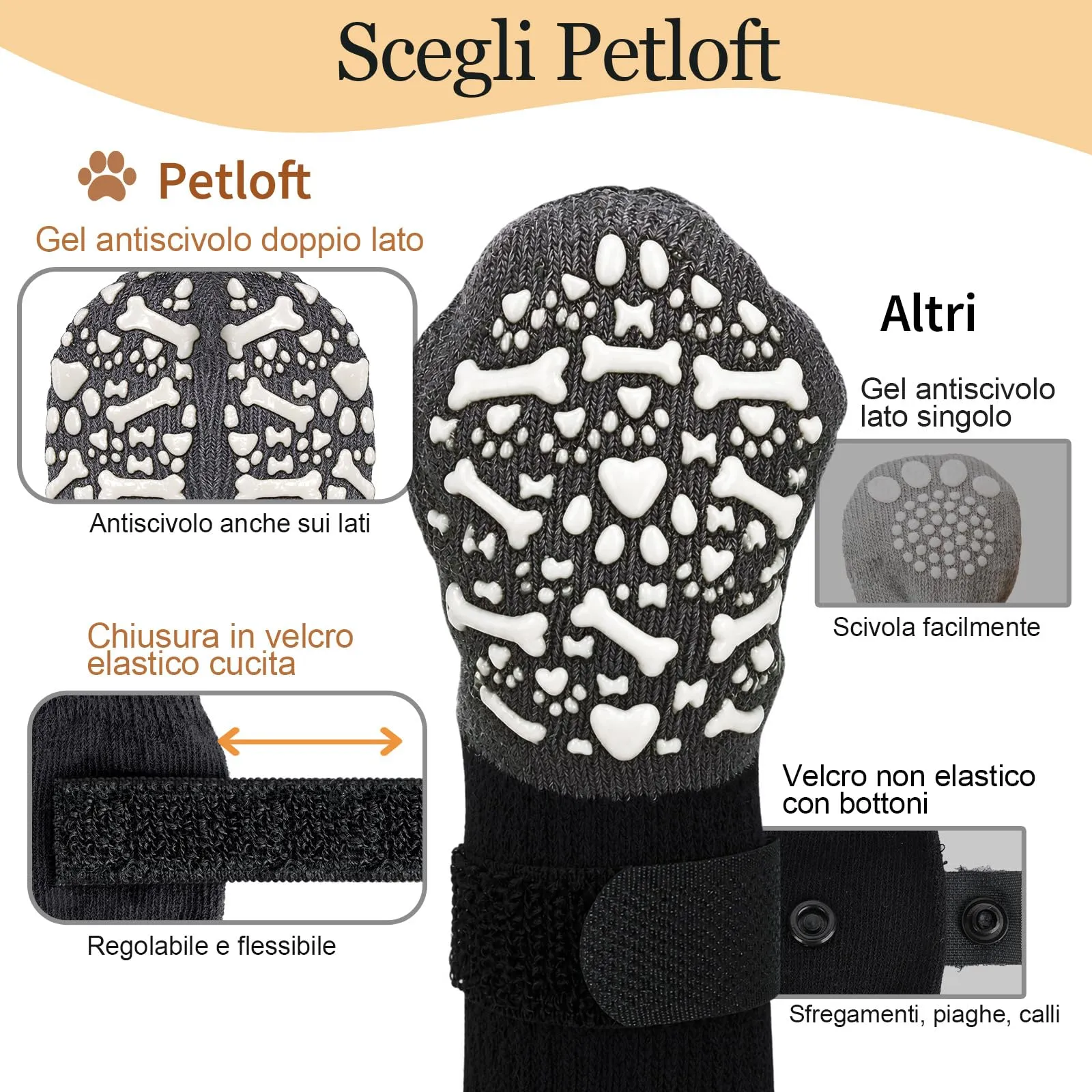 PETLOFT Calzini Antiscivolo per Cani, Prevengono Le Leccate e Graffi, Migliorano la Trazione, Adatti a Cani da Taglia Media a Grande, Regolabili con Gancio e Anello (M, Bianco, Ossa Cartoon) - immagine 5