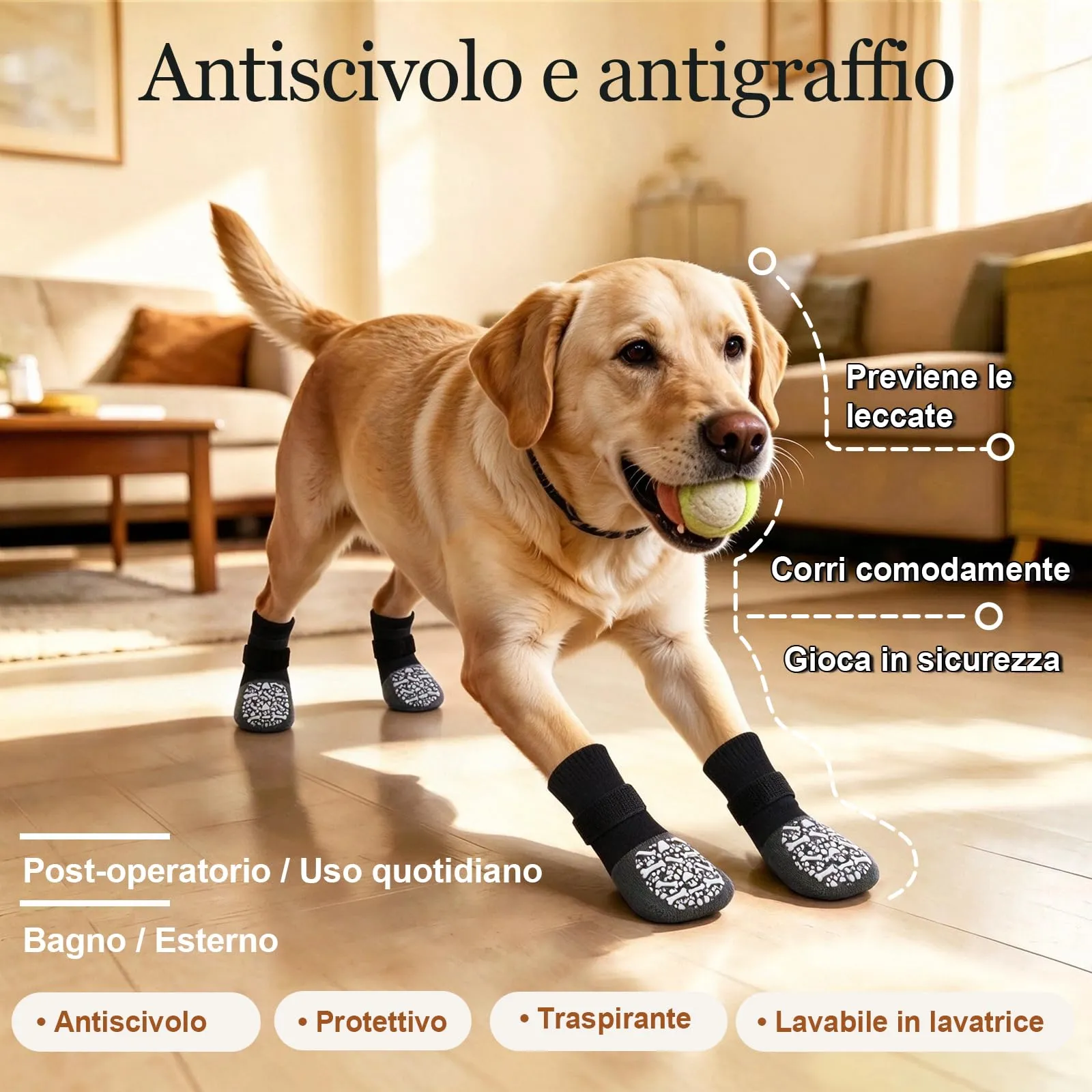 PETLOFT Calzini Antiscivolo per Cani, Prevengono Le Leccate e Graffi, Migliorano la Trazione, Adatti a Cani da Taglia Media a Grande, Regolabili con Gancio e Anello (L, Bianco, Ossa Cartoon) - immagine 2