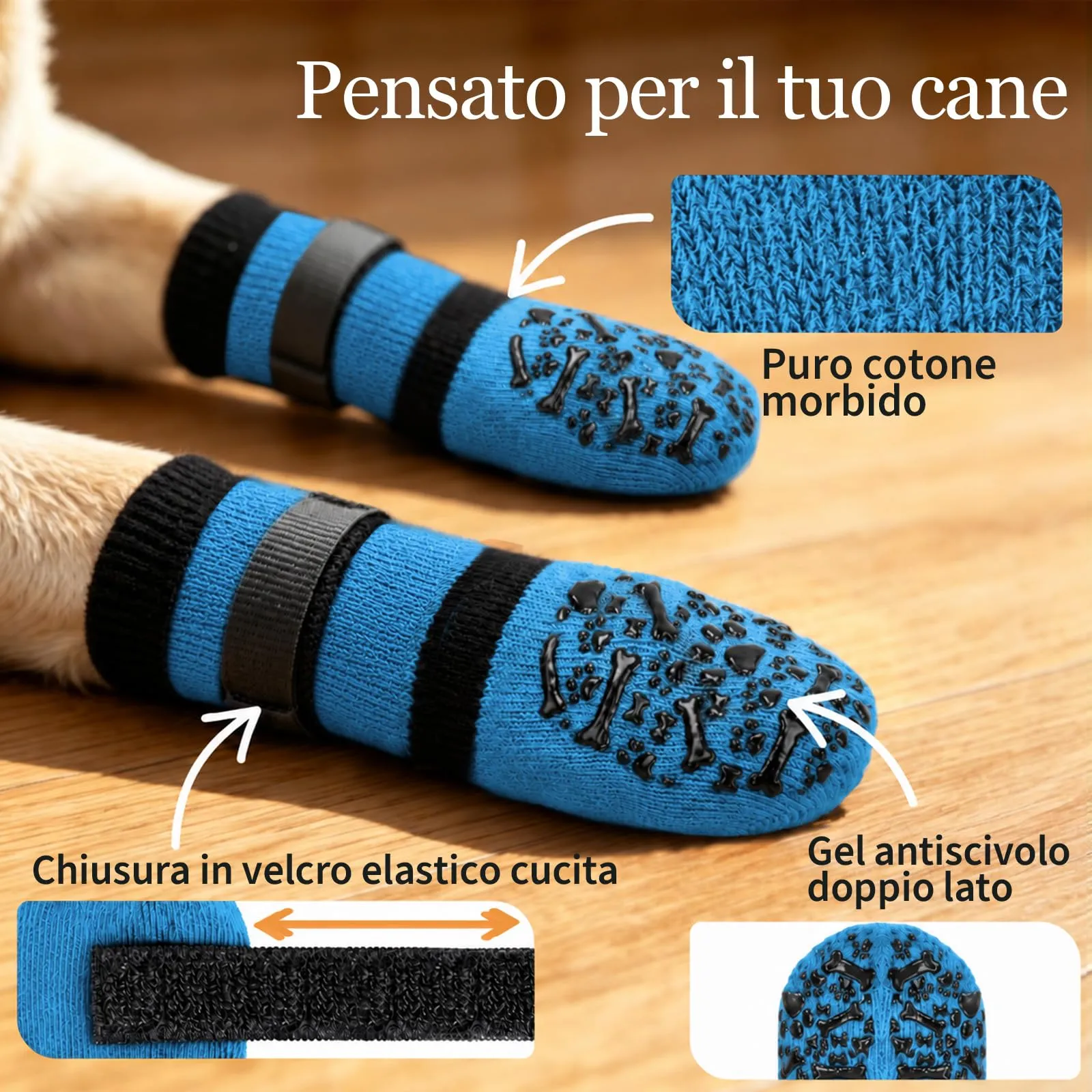 PETLOFT Calzini Antiscivolo per Cani, Prevengono Le Leccate e Graffi, Migliorano la Trazione, Adatti a Cani da Taglia Media a Grande, Regolabili con Gancio e Anello (L, Blu, Ossa Cartoon) - immagine 3