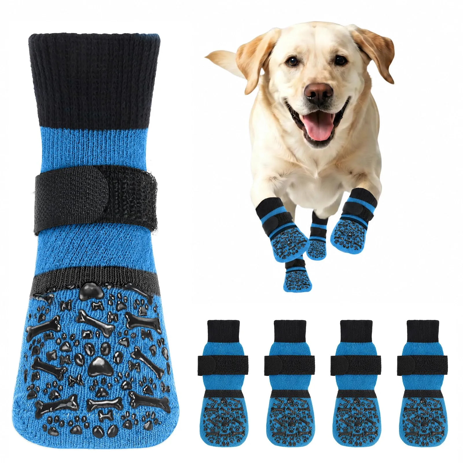 PETLOFT Calzini Antiscivolo per Cani, Prevengono Le Leccate e Graffi, Migliorano la Trazione, Adatti a Cani da Taglia Media a Grande, Regolabili con Gancio e Anello (M, Blu, Ossa Cartoon) - immagine 1